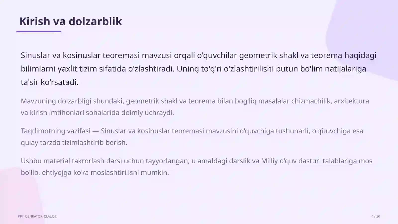 Sinuslar va kosinuslar teoremasi (9-sinf) 4