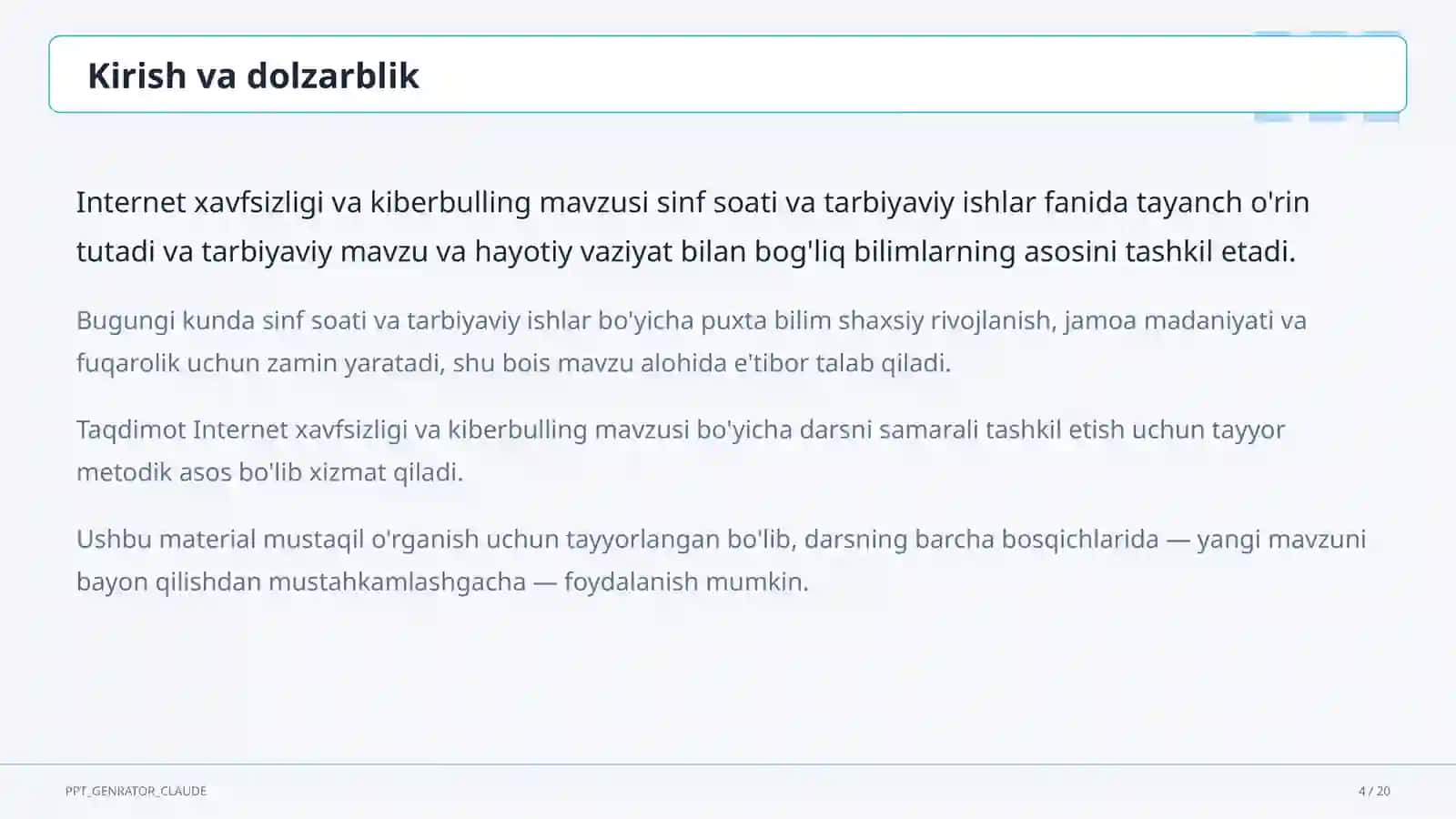 Sinf soati va tarbiyaviy tadbirlar (1–11) 4