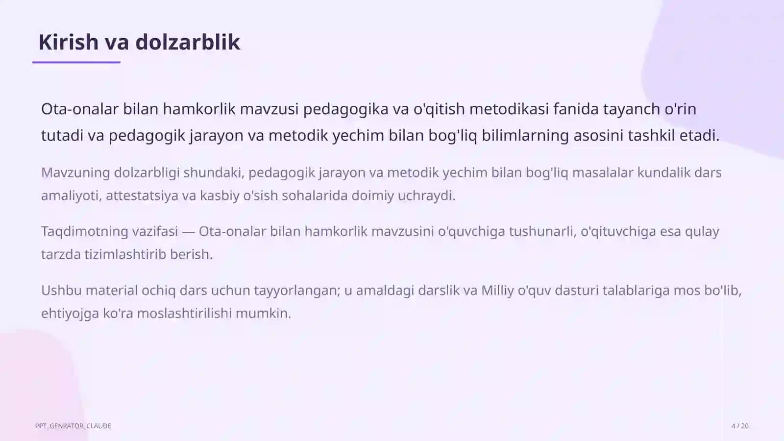 O'qituvchilar uchun: pedagogika va o'qitish metodikasi — ochiq dars uchun 4