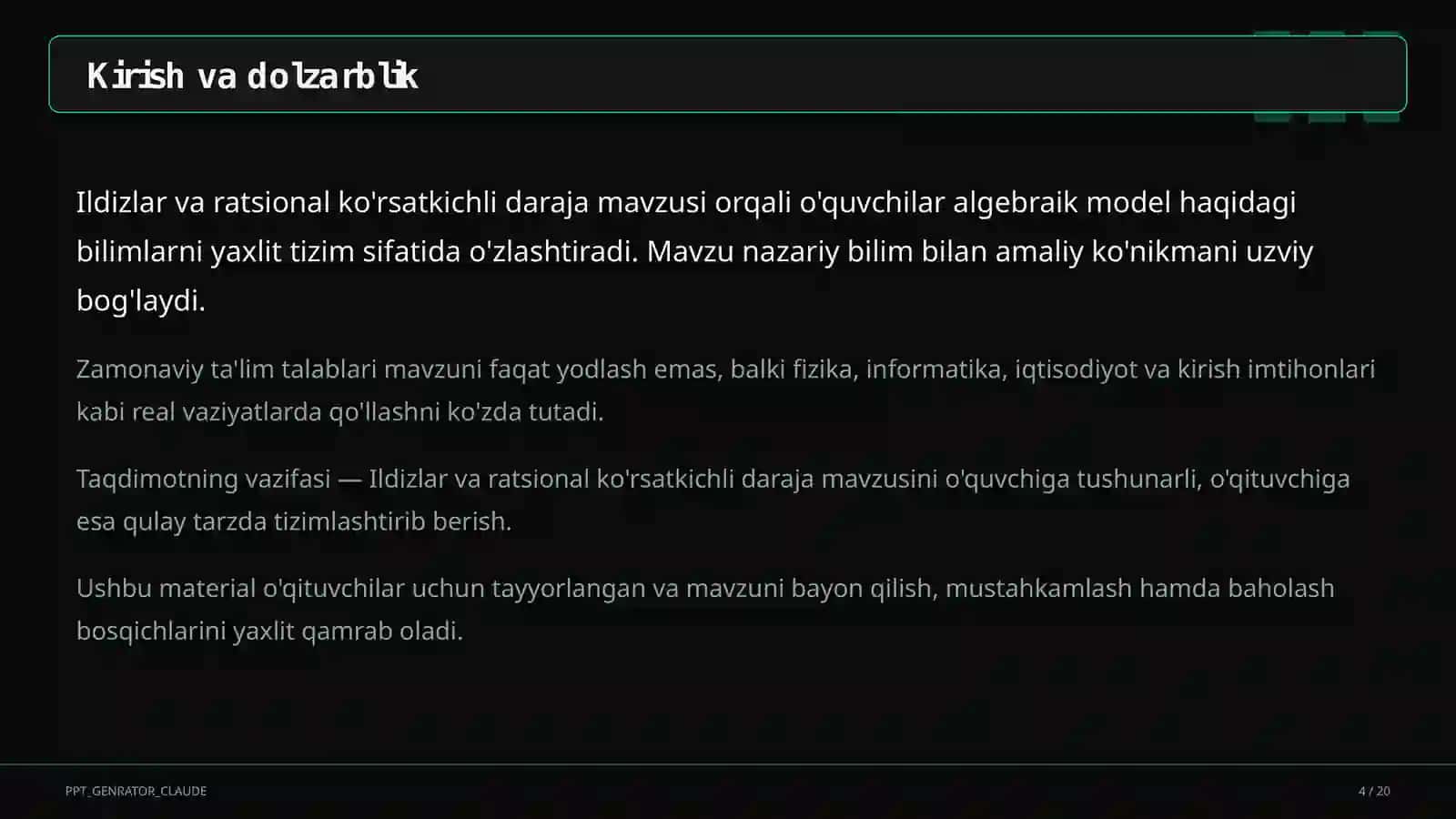 Ildizlar va ratsional ko'rsatkichli daraja (10-sinf) 4