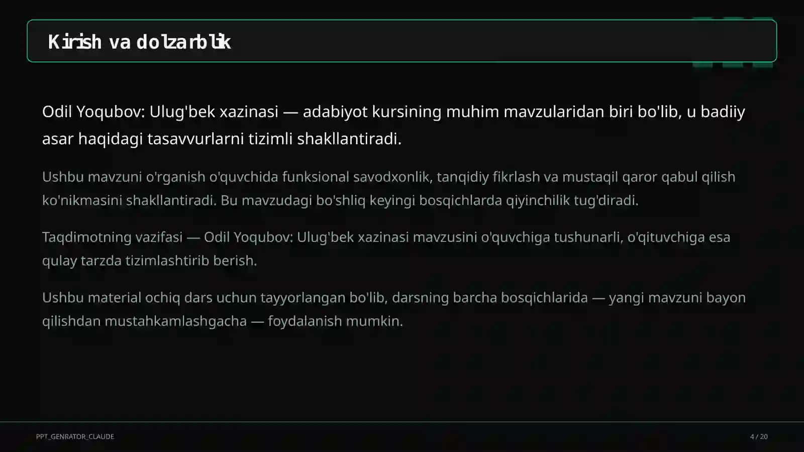 Odil Yoqubov: Ulug'bek xazinasi (8-sinf) 4
