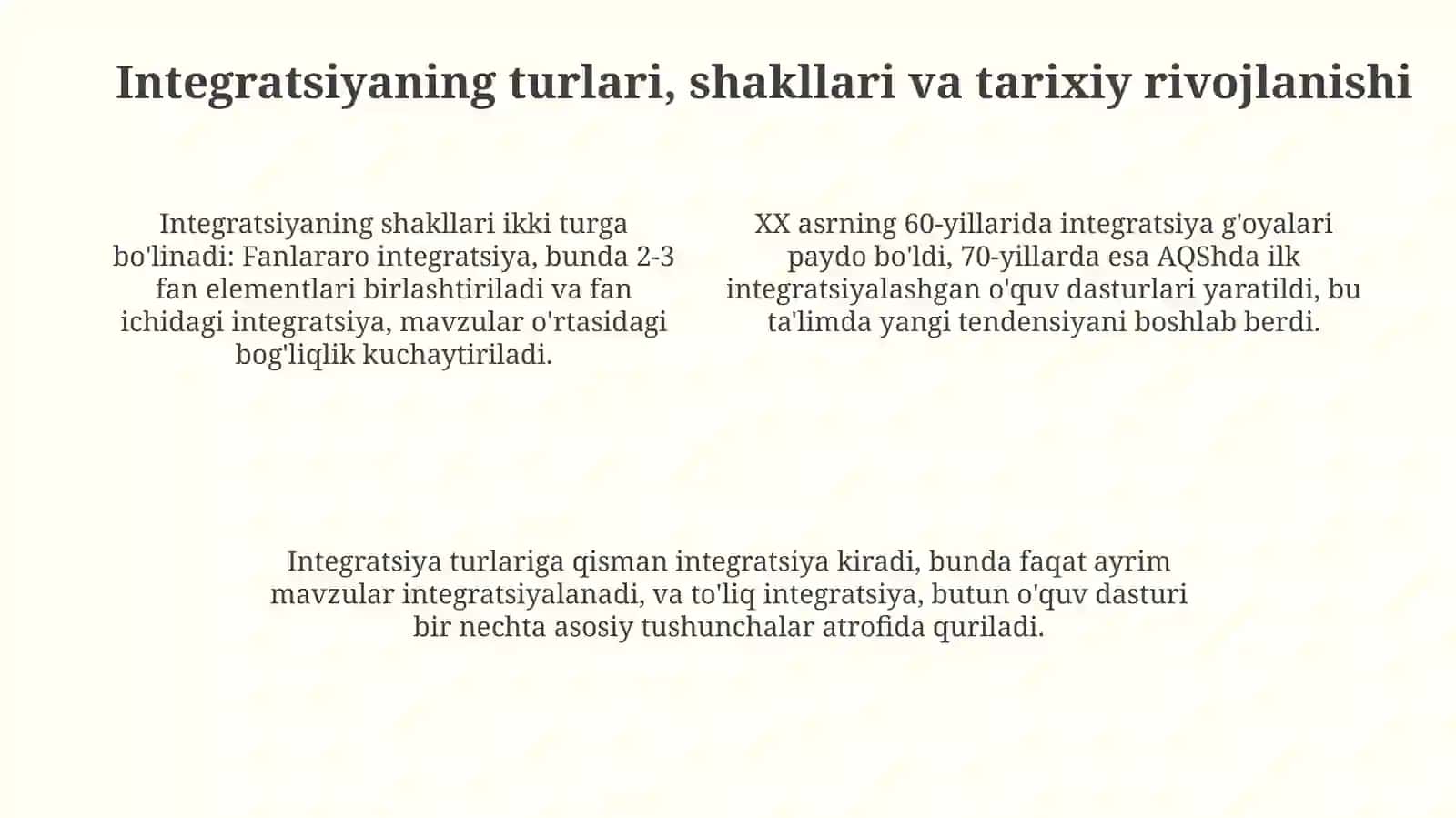 Boshlangʼich taʼlimni integratsiyalash mohiyati mavzusini oʼrganish va tahlil qilish 4