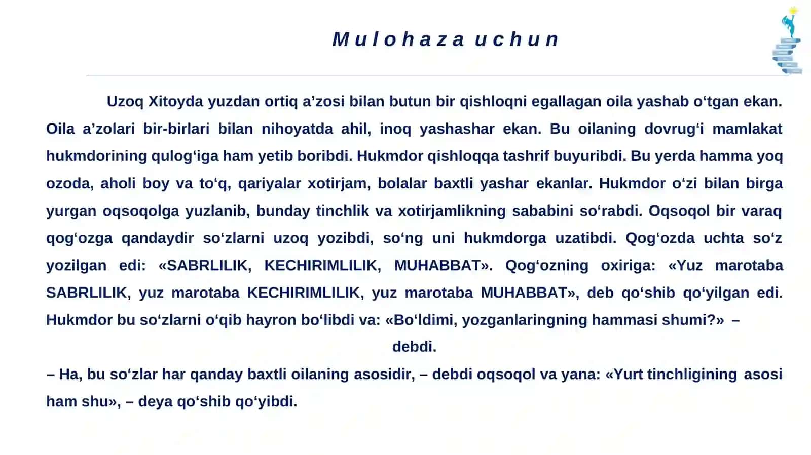 "Farzand oila ko'zgusi" Tarbiya 7-sinf 4