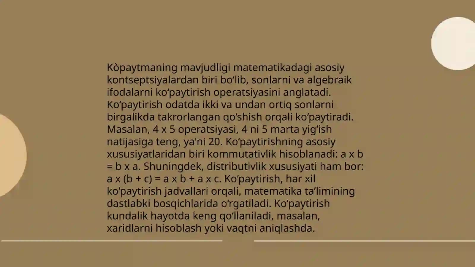Kòpaytmaning tarifi,uning mavjudligi va yagonaligi.Kòpaytirish qonunlari.Kòpaytmaning yiĝindi orqali ta'rifi.Nomanfiy butun sonni natural songa bòlishning ta'rifi,uning mavjudligi va yagonaligi.Yiĝinidi va kòpaytmani songa bòlish qoidalarining tòplamlar nazariyasi bòyicha ma'nosi 4