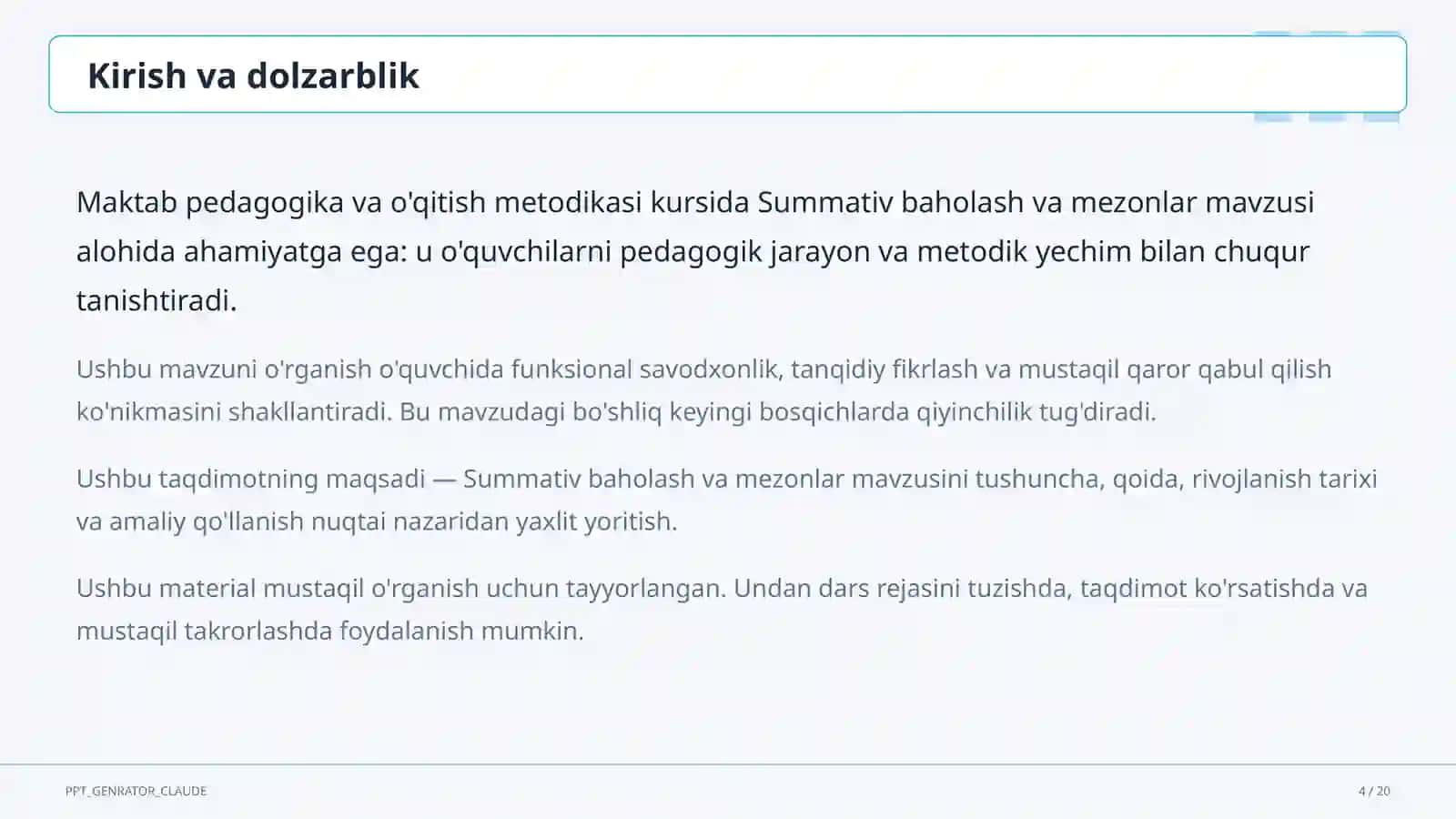 Summativ baholash va mezonlar 4
