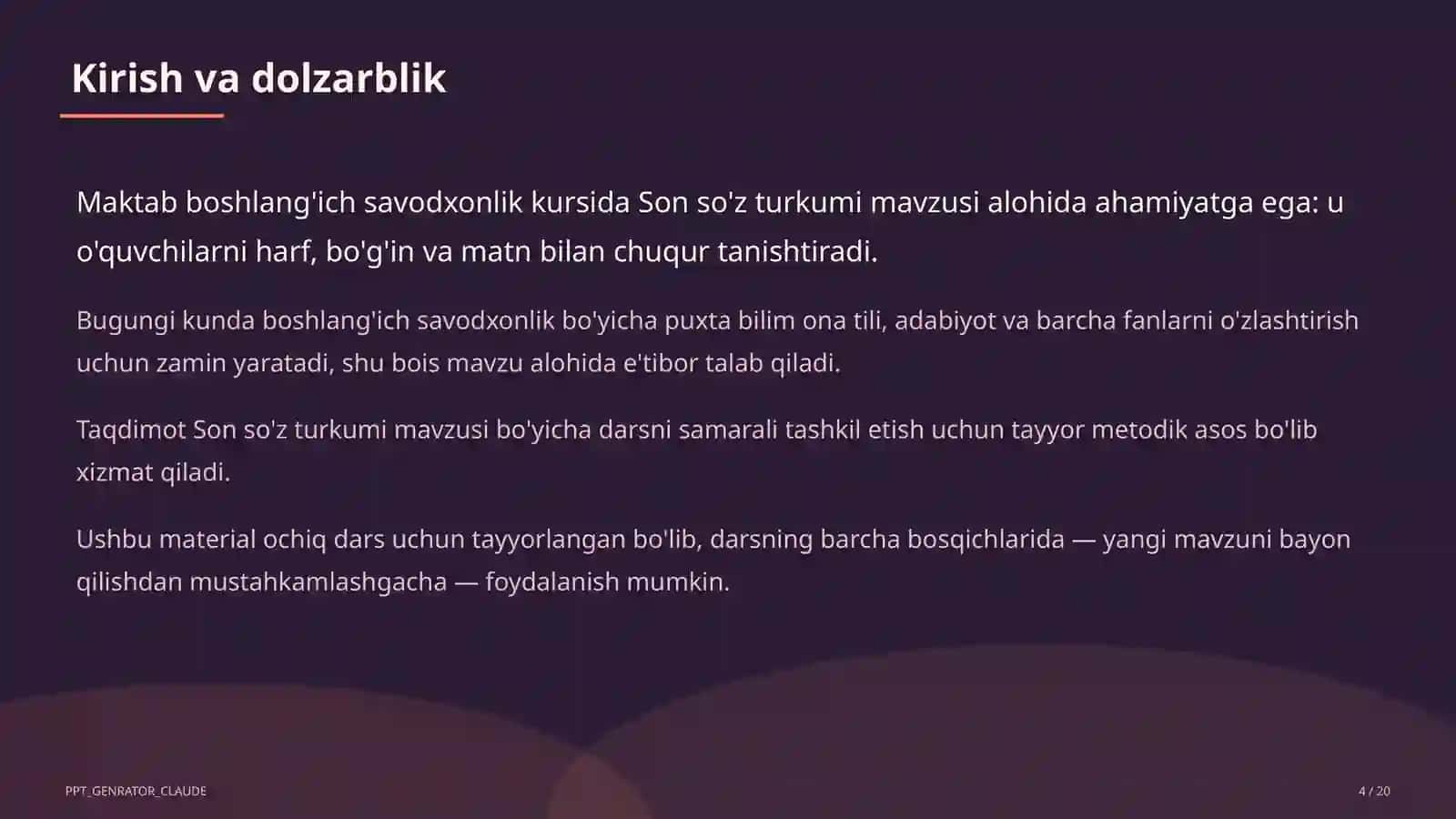 Boshlang'ich sinf: Ona tili va o'qish (1–4) - ochiq dars uchun 4