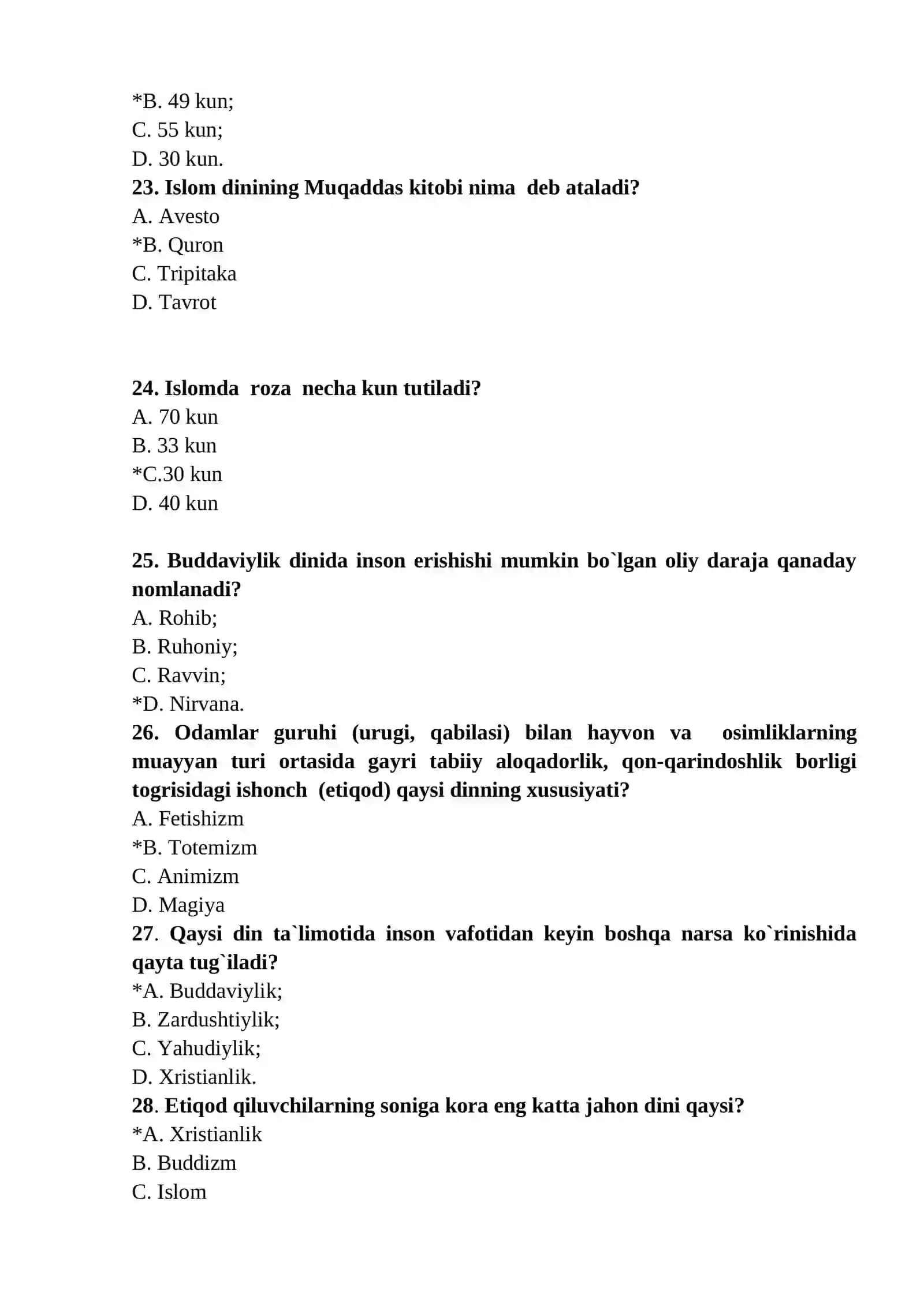 Dinshunoslik fanidan testlar 4
