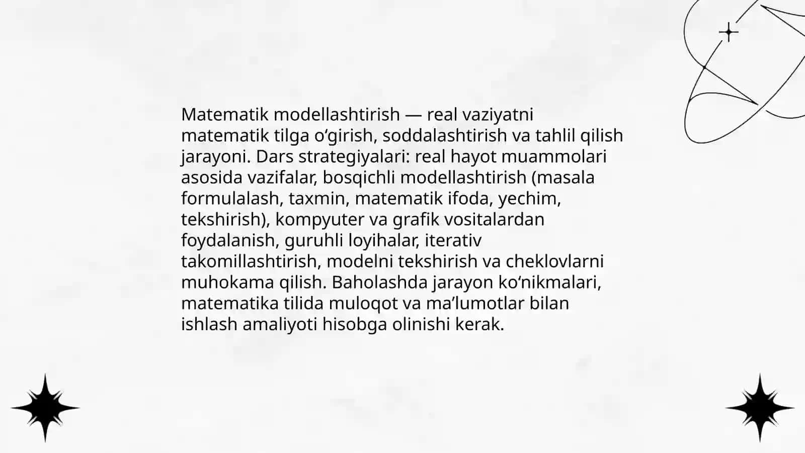 Matematika fanidan o‘quvchilarda mulohaza yuritish,modellashtirish,muammoni hal qilish,matematika tilida muloqot qilish va malumotlar bilan ishlash amaliy kompetensiyalarni shakllantirish 4