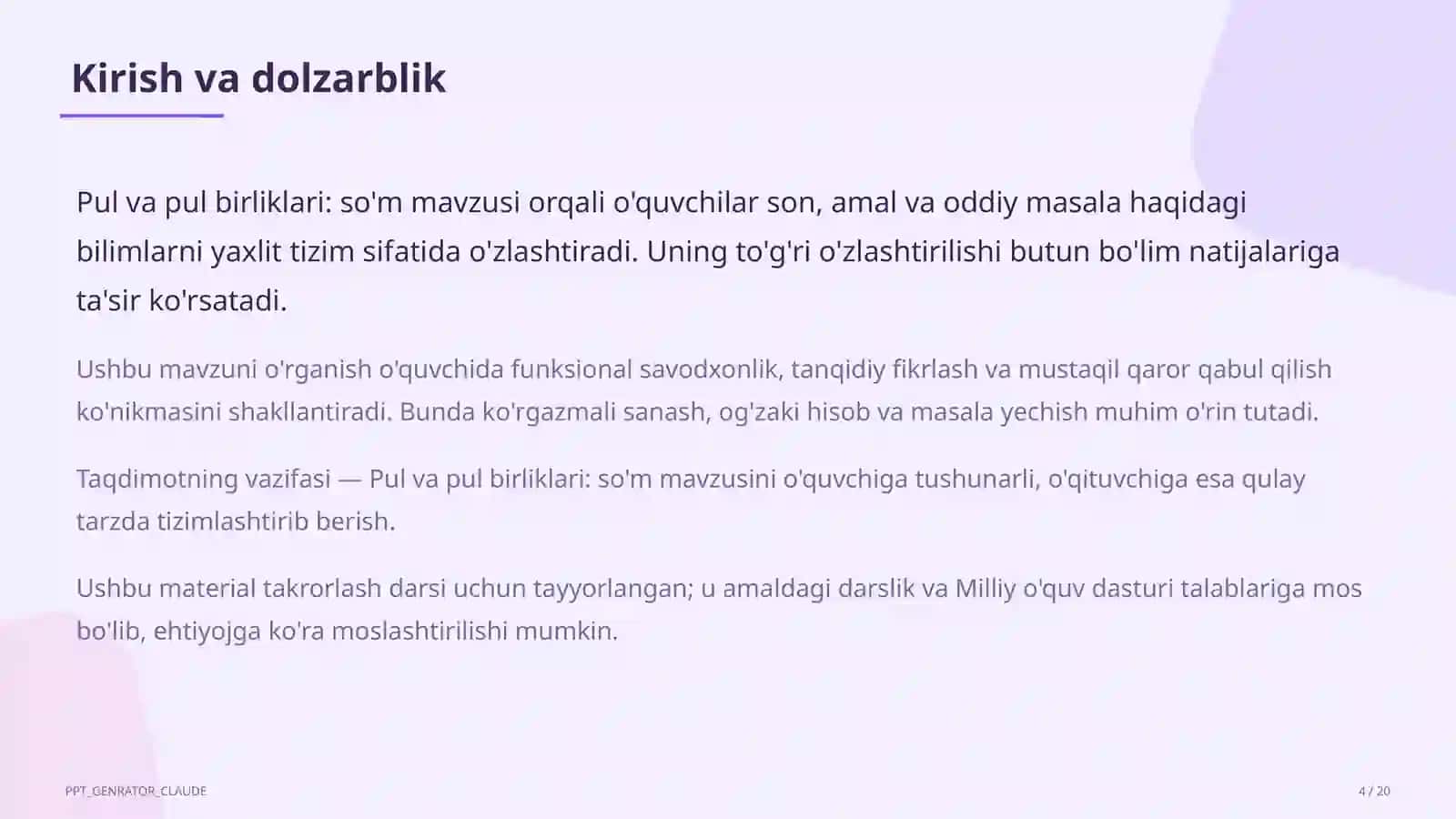 Pul va pul birliklari: so'm (2-sinf) 4