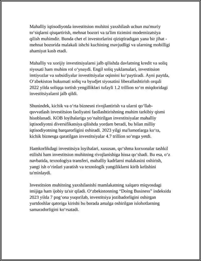 INVESTITSIYA FAOLIYATINI RIVOJLANTIRISH INVESTOTSIYASI MUHITINI OʻRNI 4