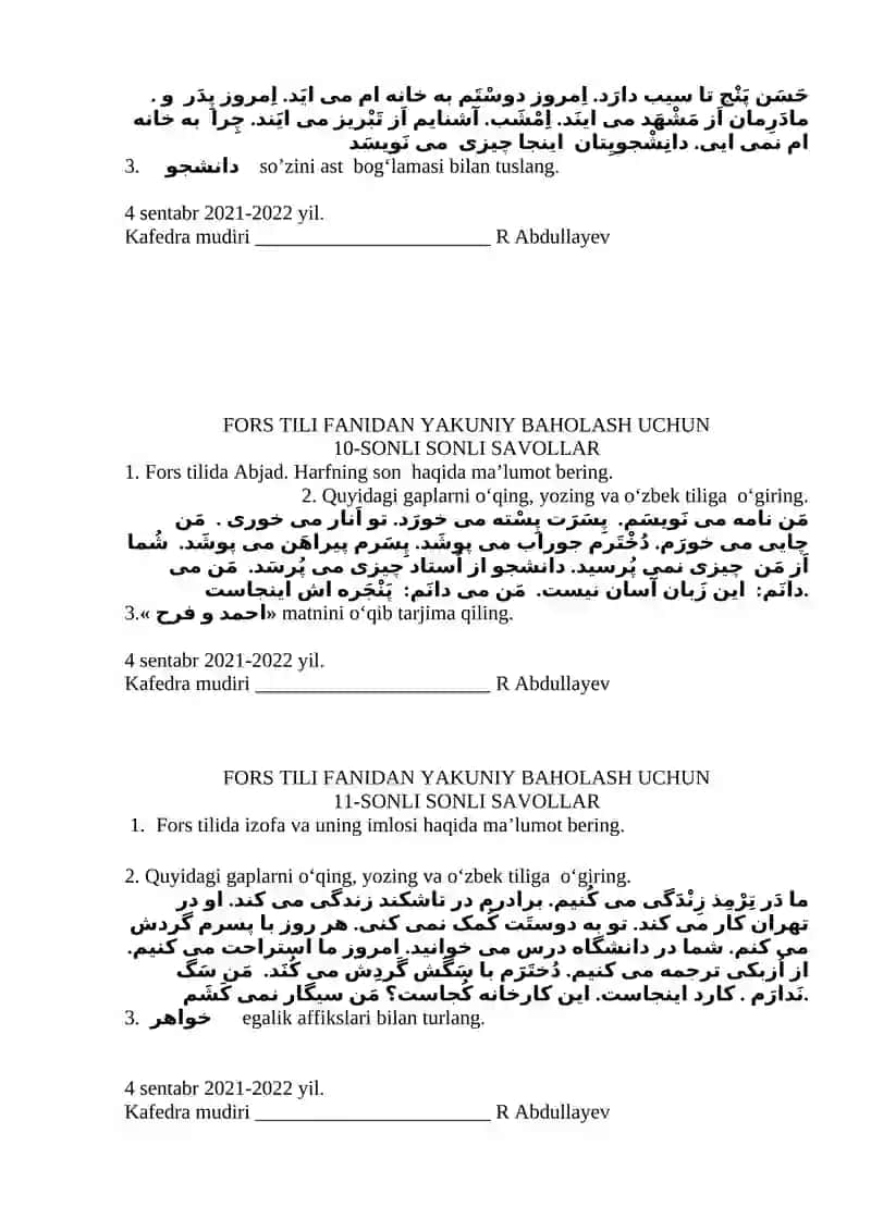 Fors Tili Fanidan Yakuniy Baholash Uchun 4