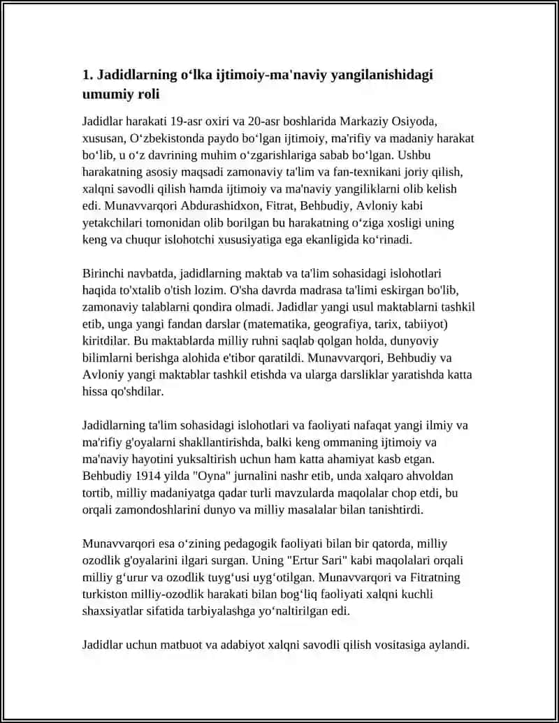 JADID MA'RIFATPARVARLARINING O'LKA IJTIMOIY-MA'NAVIY HAYOTIDA TUTGAN O'RNI (MUNAVVARQORI, FITRAT, BEHBUDIY, AVLONIY VA BOSHQALAR) 4