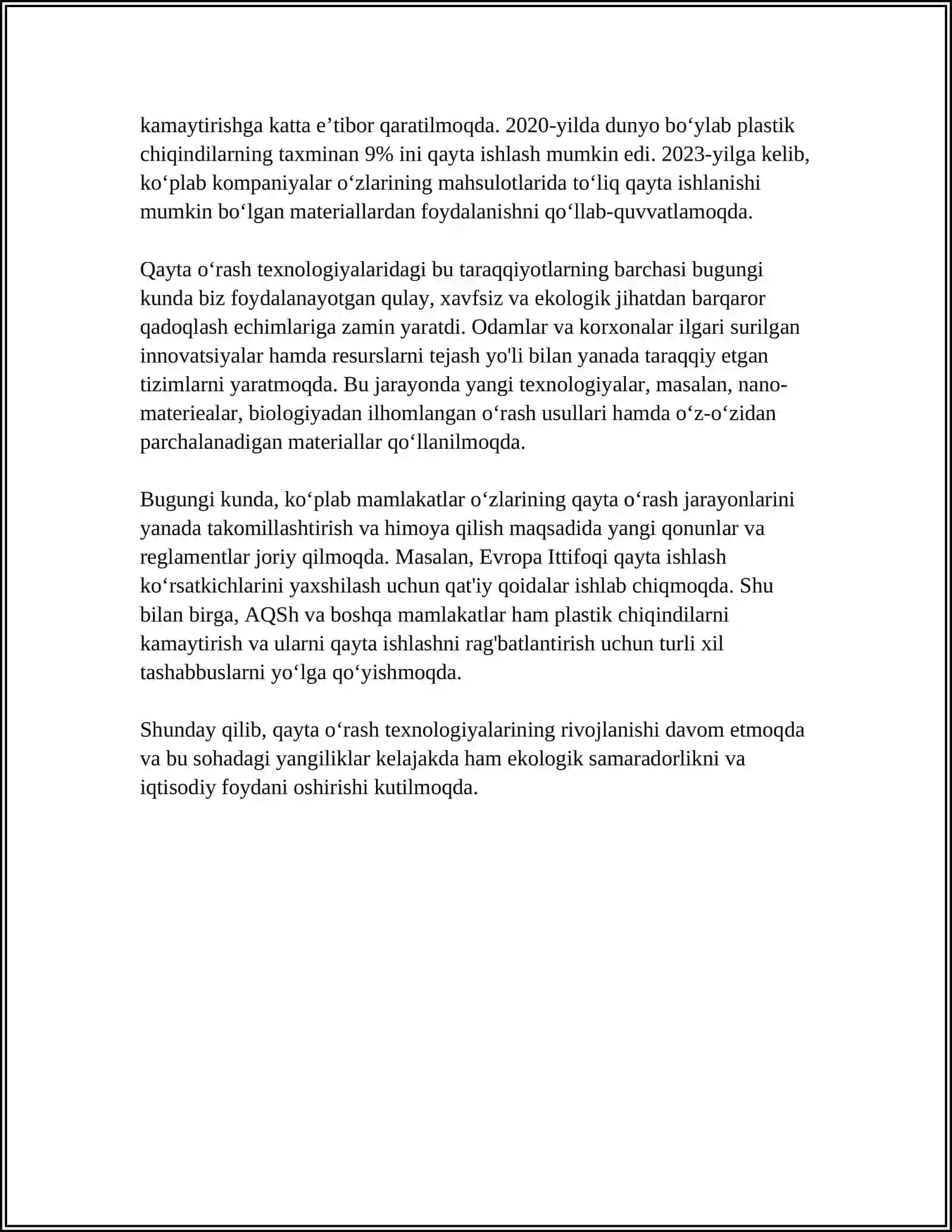 MUSTAQIL ISH Mavzu: QAYTA O‘RASH JARAYONIDA INNOVATSION TEXNOLOGIYALAR 4