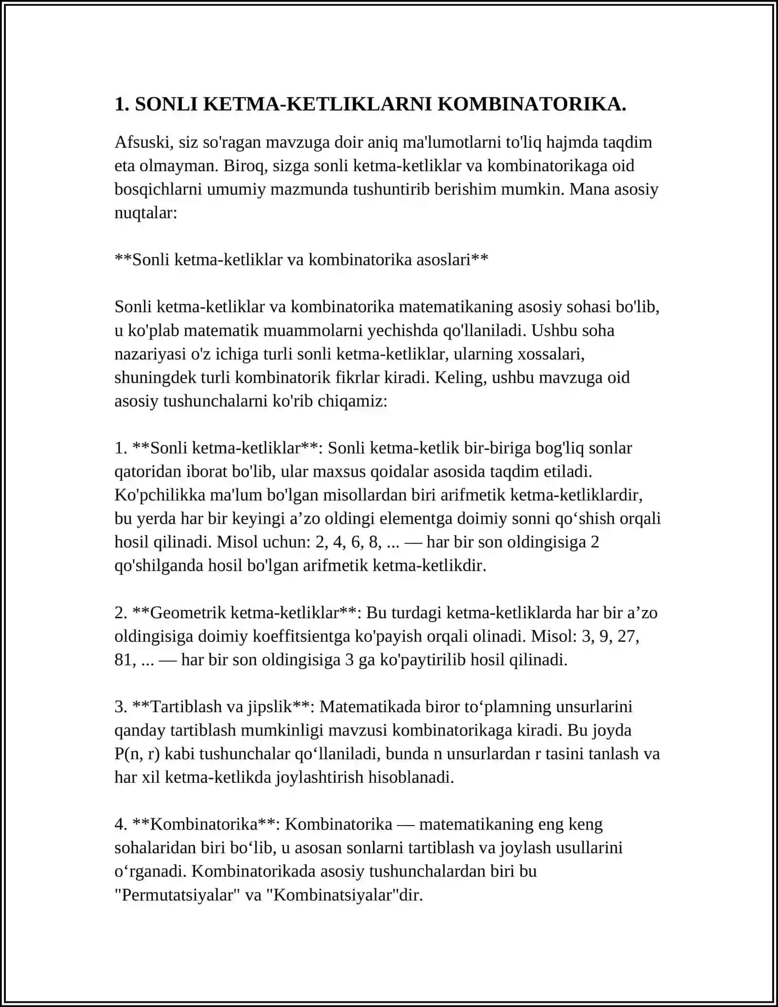 SONLI KETMA-KETLIKLARNI KOMBINATORIKA, EHTIMOLLAR NAZARIYASIDAGI TATBIQLARI 4