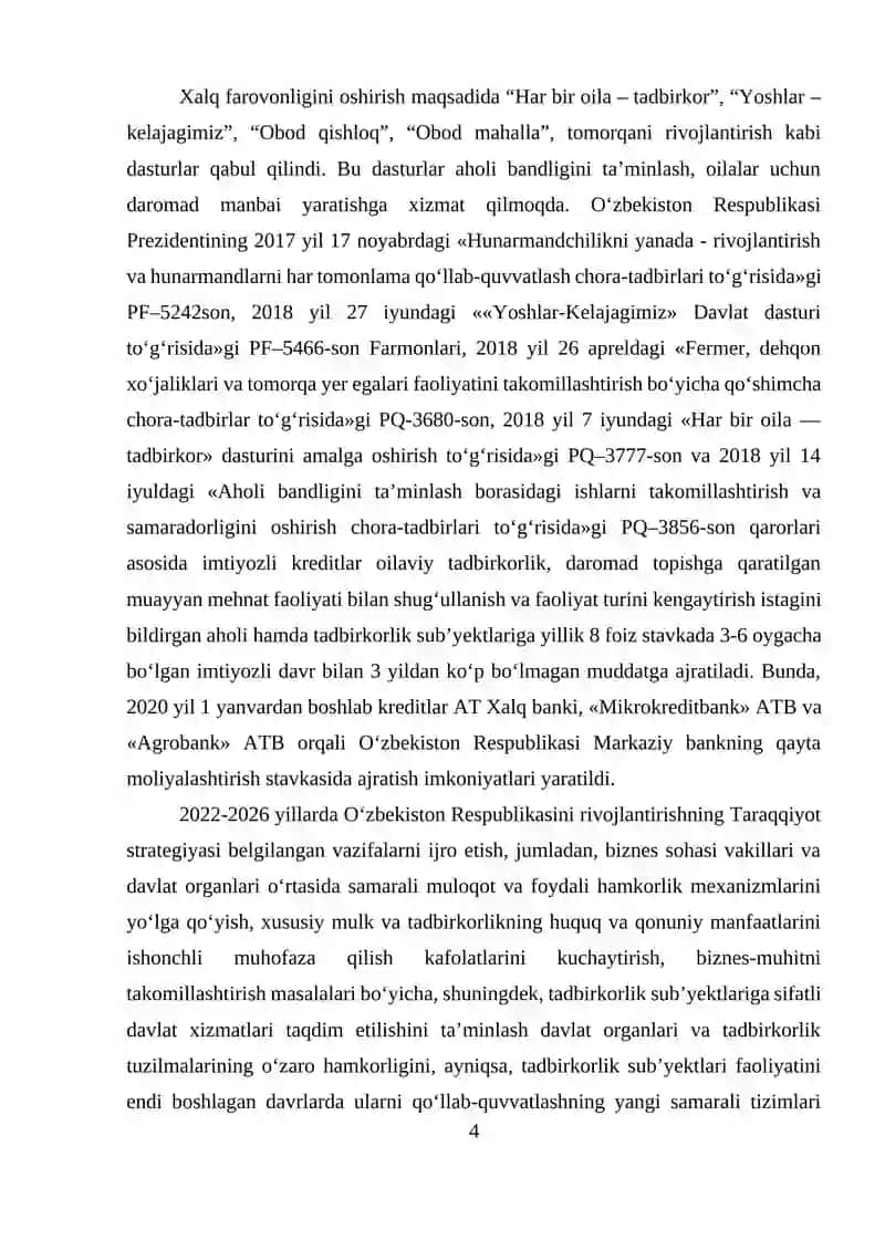 Tadbirkorlik faoliyatini kreditlash va uni takomillashtirish masalalari. 4