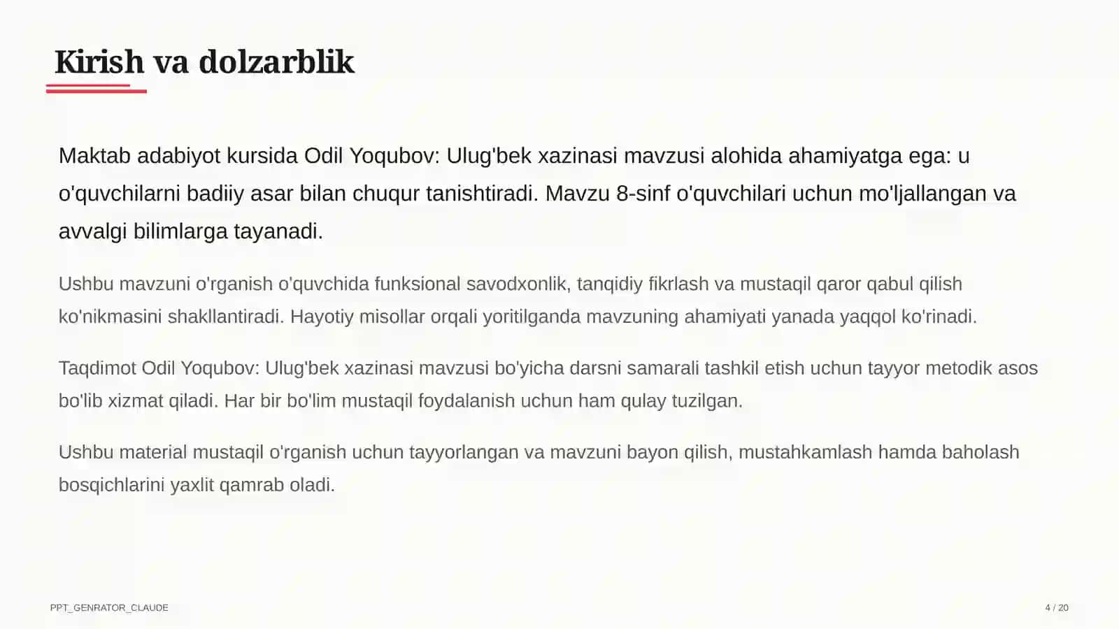 Odil Yoqubov: Ulug'bek xazinasi (8-sinf) 4