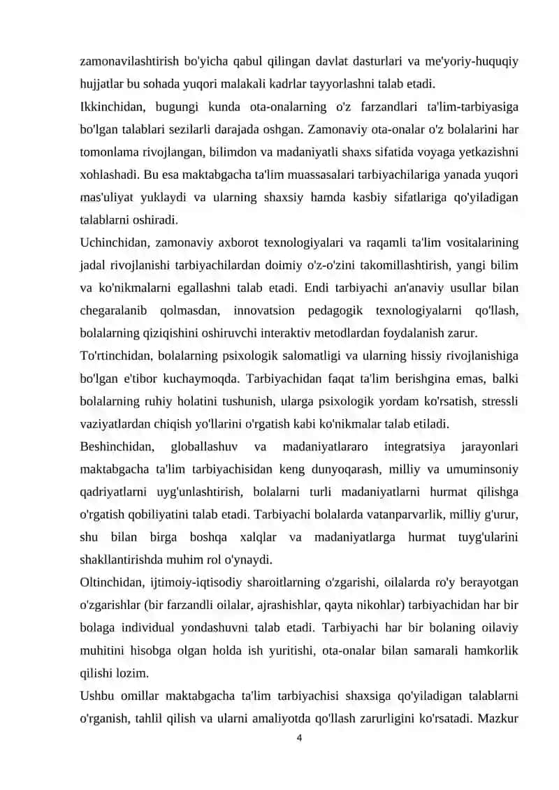 MAKTABGACHA TA'LIM TASHKILOTI TARBIYACHISI SHAXSIGA QO'YILADIGAN TALABLAR 4