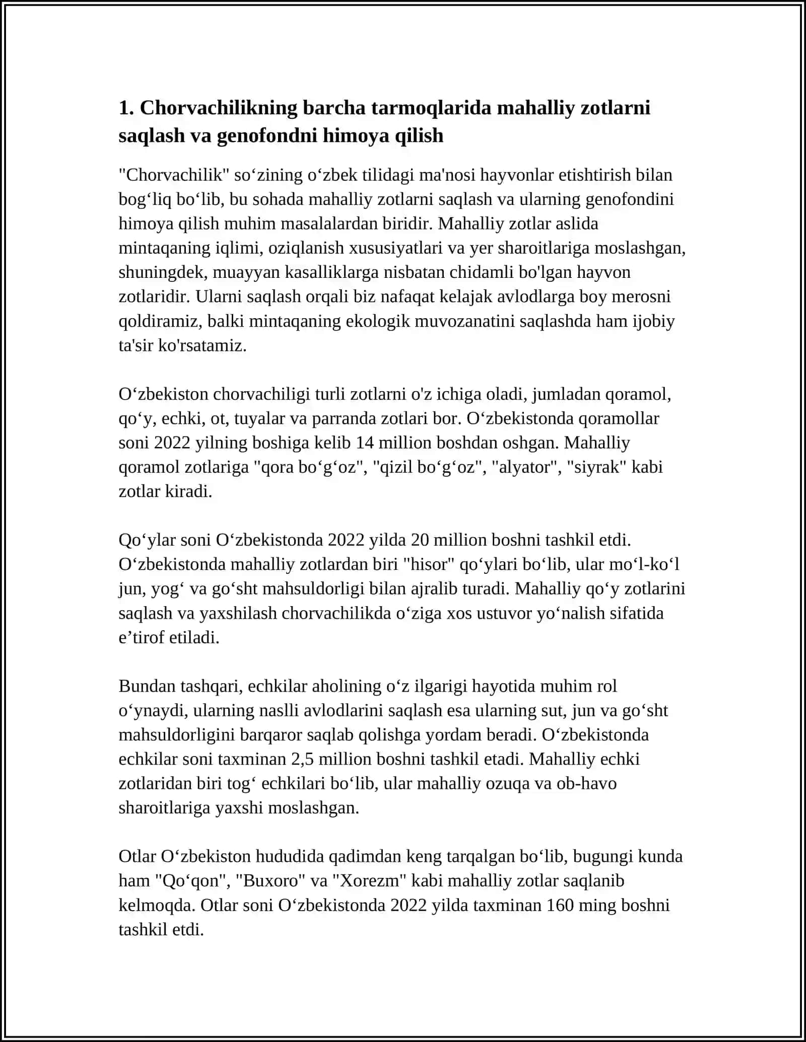CHORVACHILIKNING BARCHA TARMOQLARIDA OLIB BORILAYOTGAN NASLCHILIK, SELEKSIYA VA URCHITISH TADBIRLARI 4