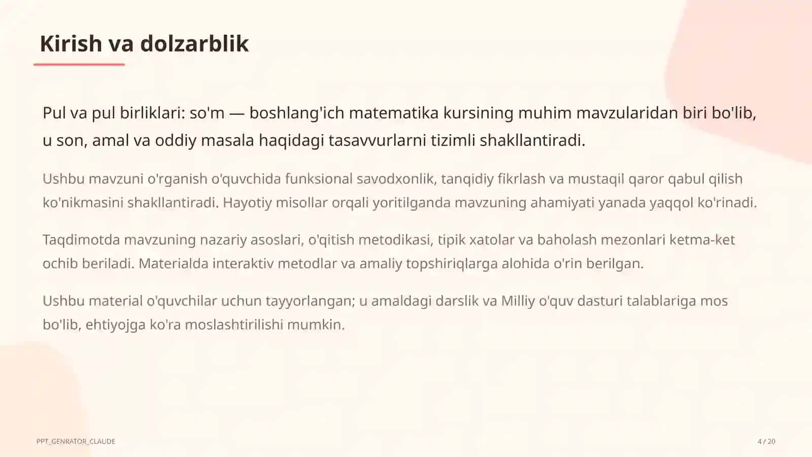 Pul va pul birliklari: so'm (2-sinf) 4