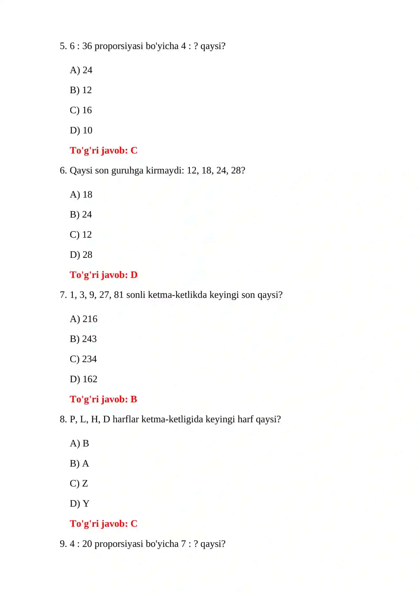 BOJXONA IQ TEST SAVOL-JAVOBLARI 4