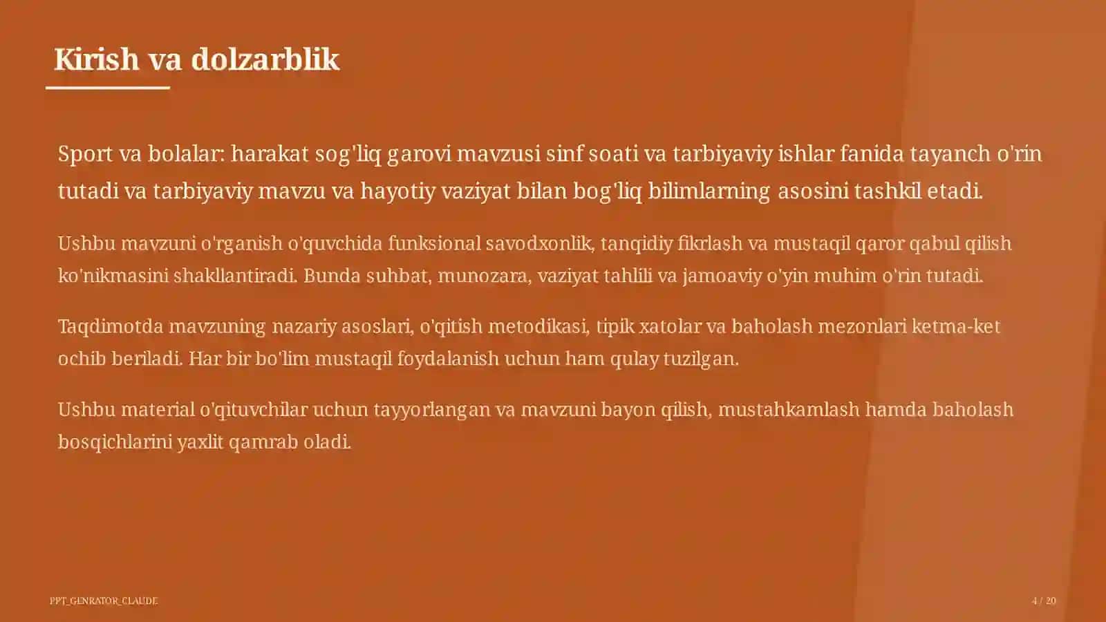 Sinf soati va tarbiyaviy tadbirlar (1–11) — o'qituvchilar uchun 4