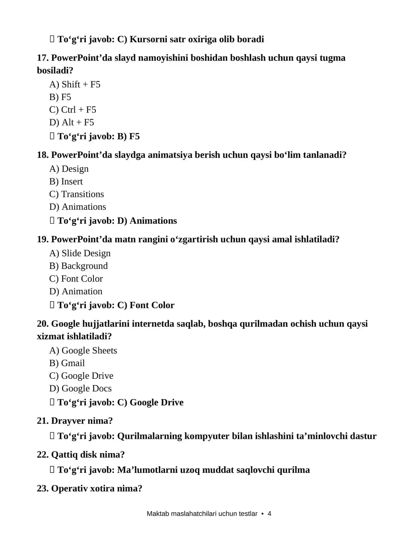 MAKTAB MASLAHATCHISI LAVOZIMI UCHUN  18-19 MAY 2026 YILDA TUSHGAN TESTLAR JAVOBLARI BILAN 4