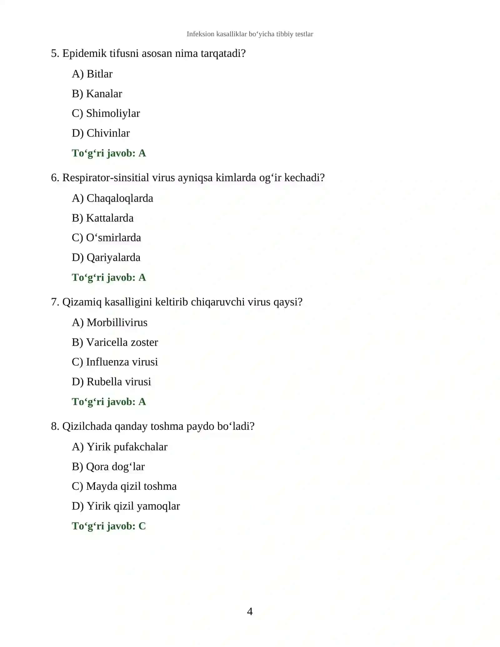 Infeksion kasalliklar bo‘yicha tibbiy testlar 4
