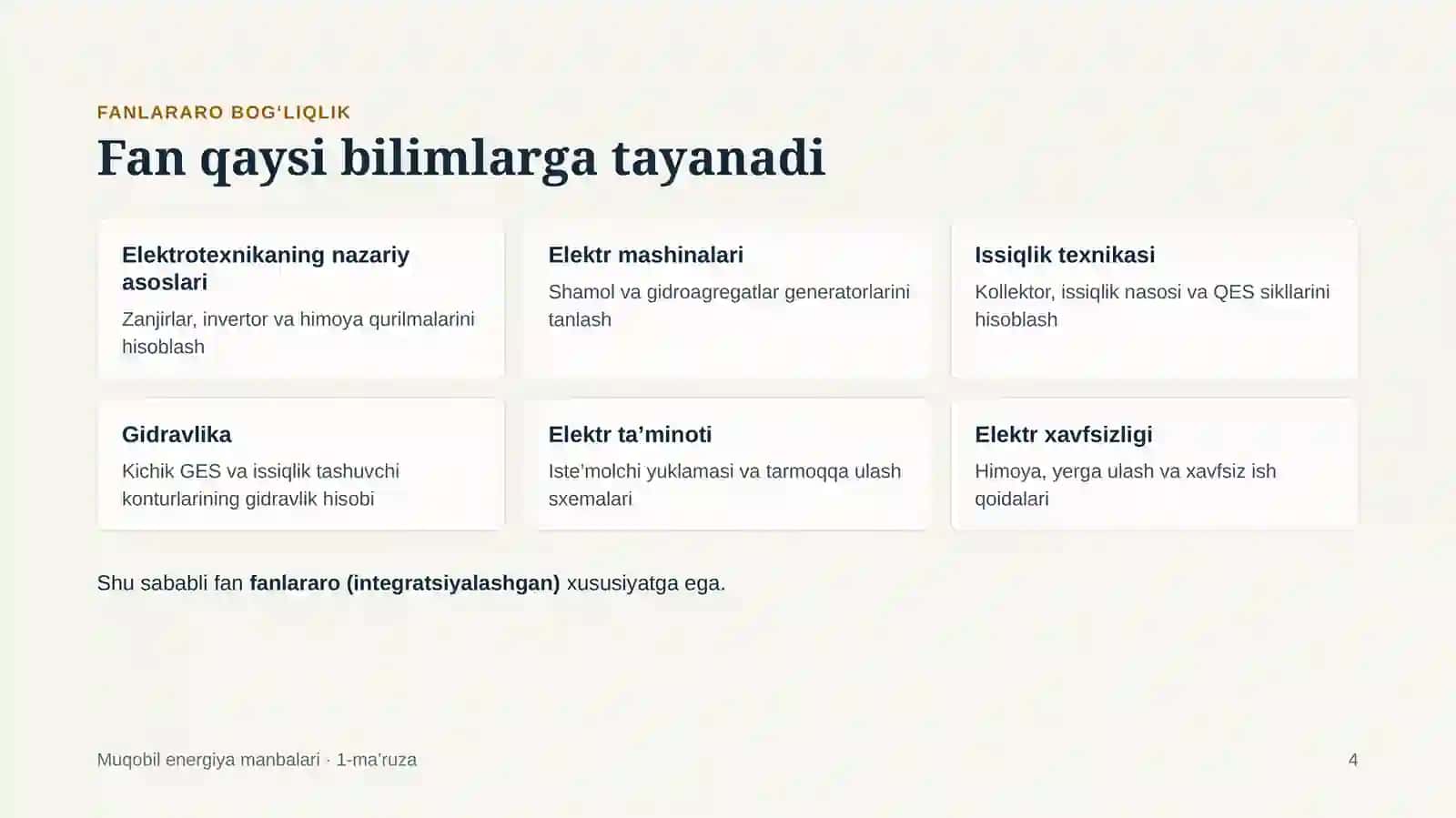 Muqobil energiya faniga kirish 4