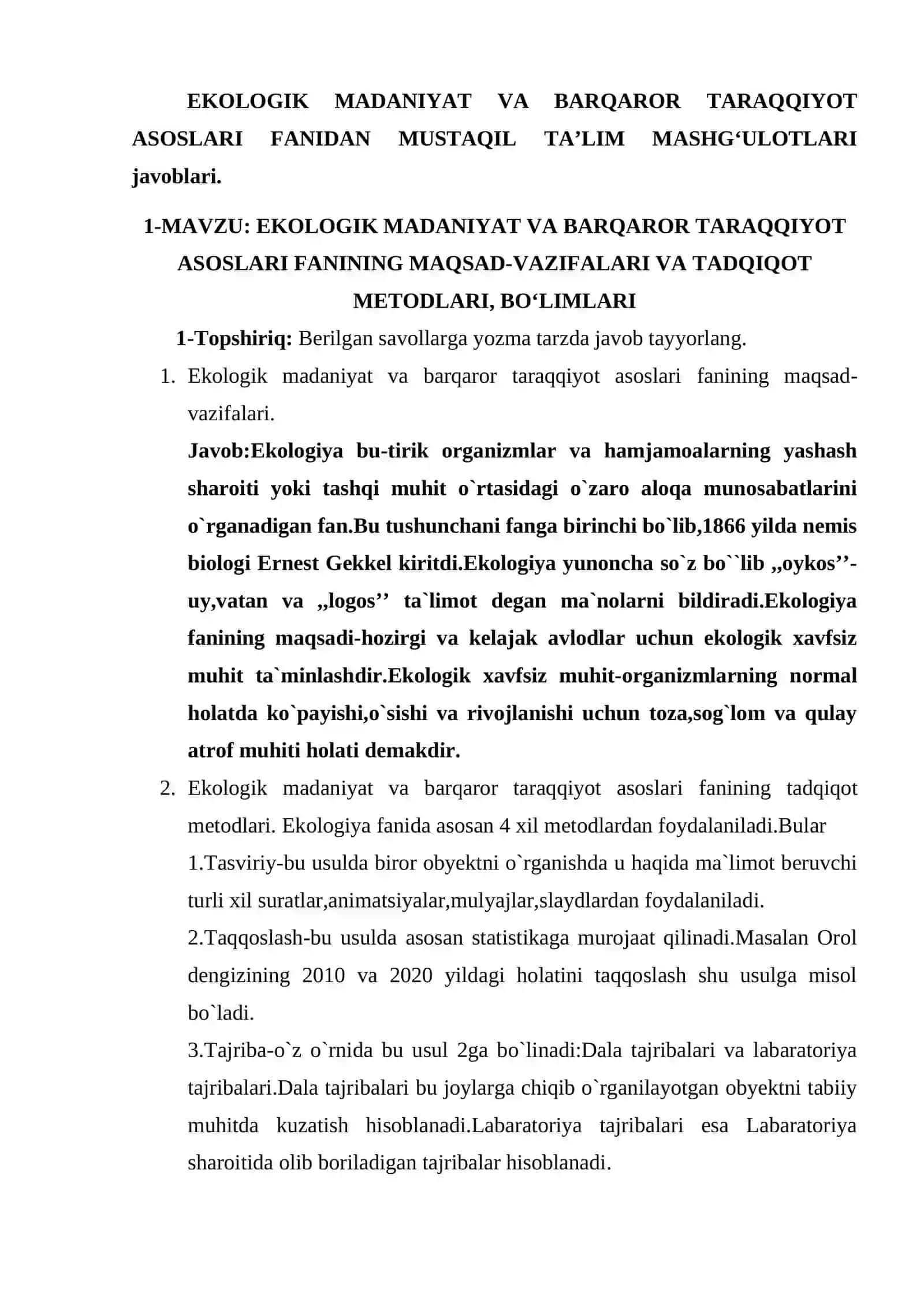 Ekologik madaniyat va Barqaror taraqqiyot asoslari fanidan Mustaqil ta'lim 4