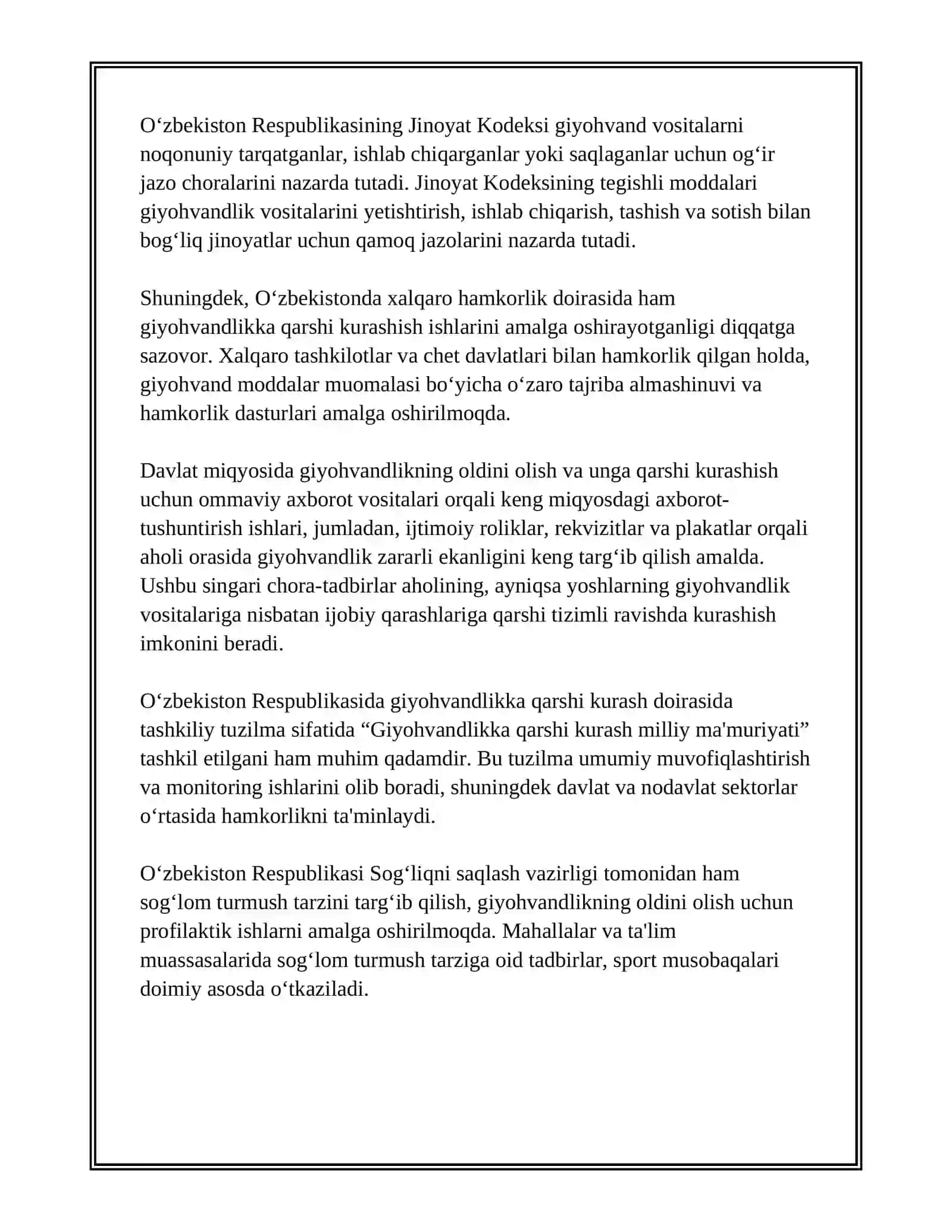 GIYOHVANDLIKKA QARSHI KURASHISH O’ZBEKISTON QONUNCHILIGI BO’YICHA 4