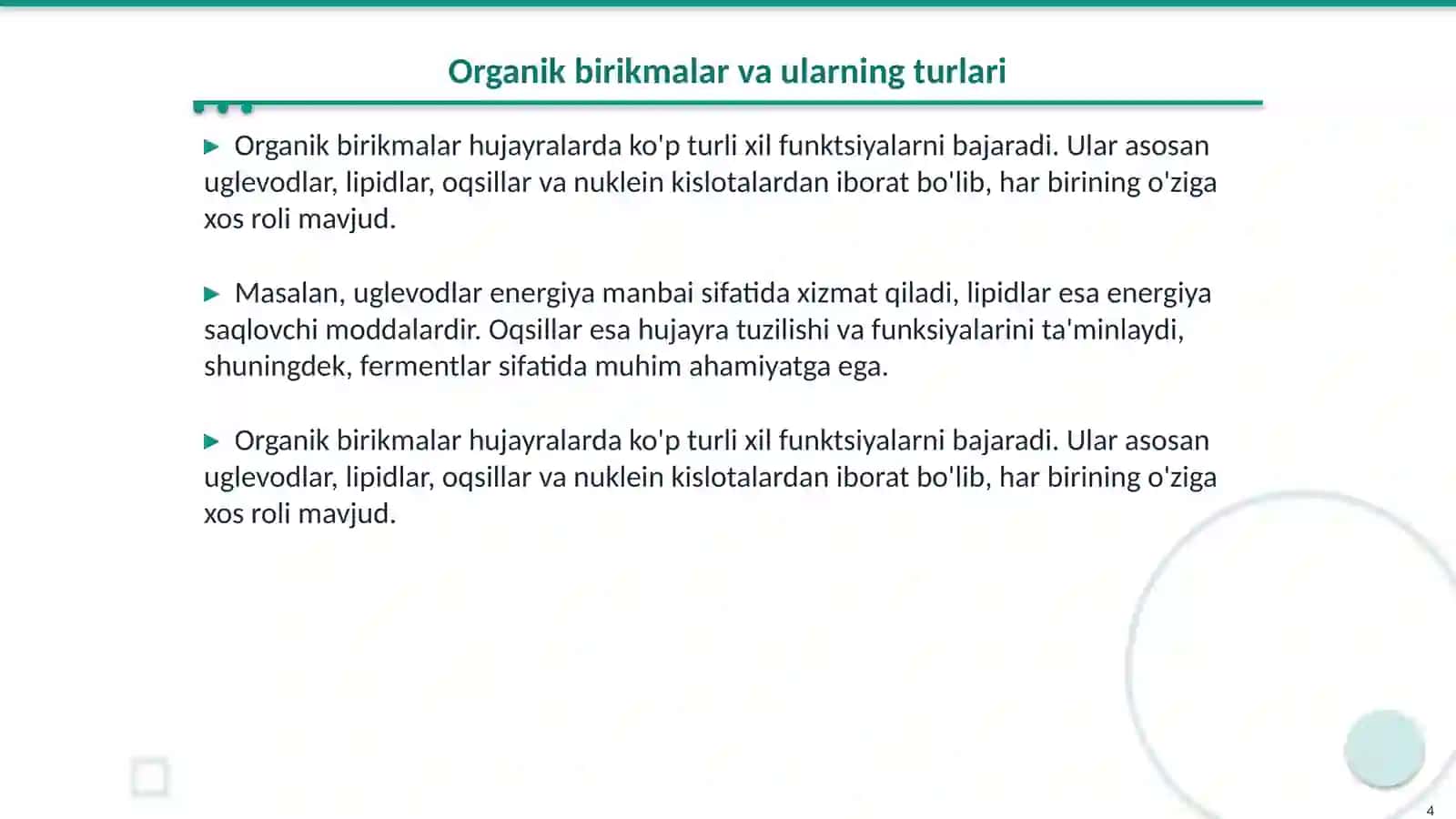 Hujayraning kimyoviy tarkibi Va asosiy zahira moddalari ularning metabolizimdagi ro’li 4