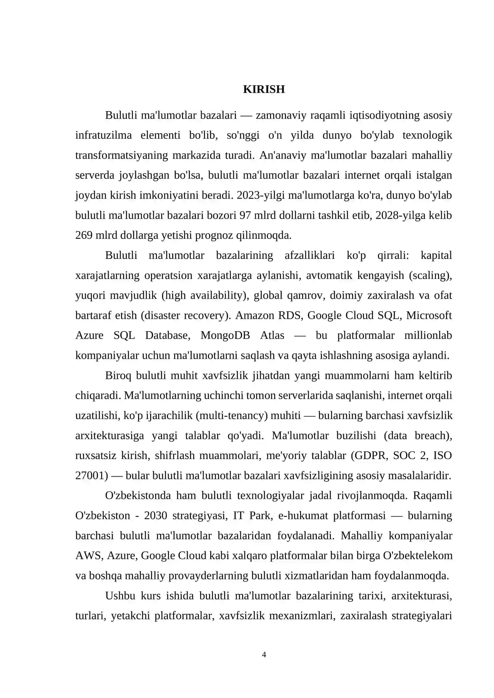 Bulutli ma`lumotlar bazalari arxitekturasi va xavfsizligi 4