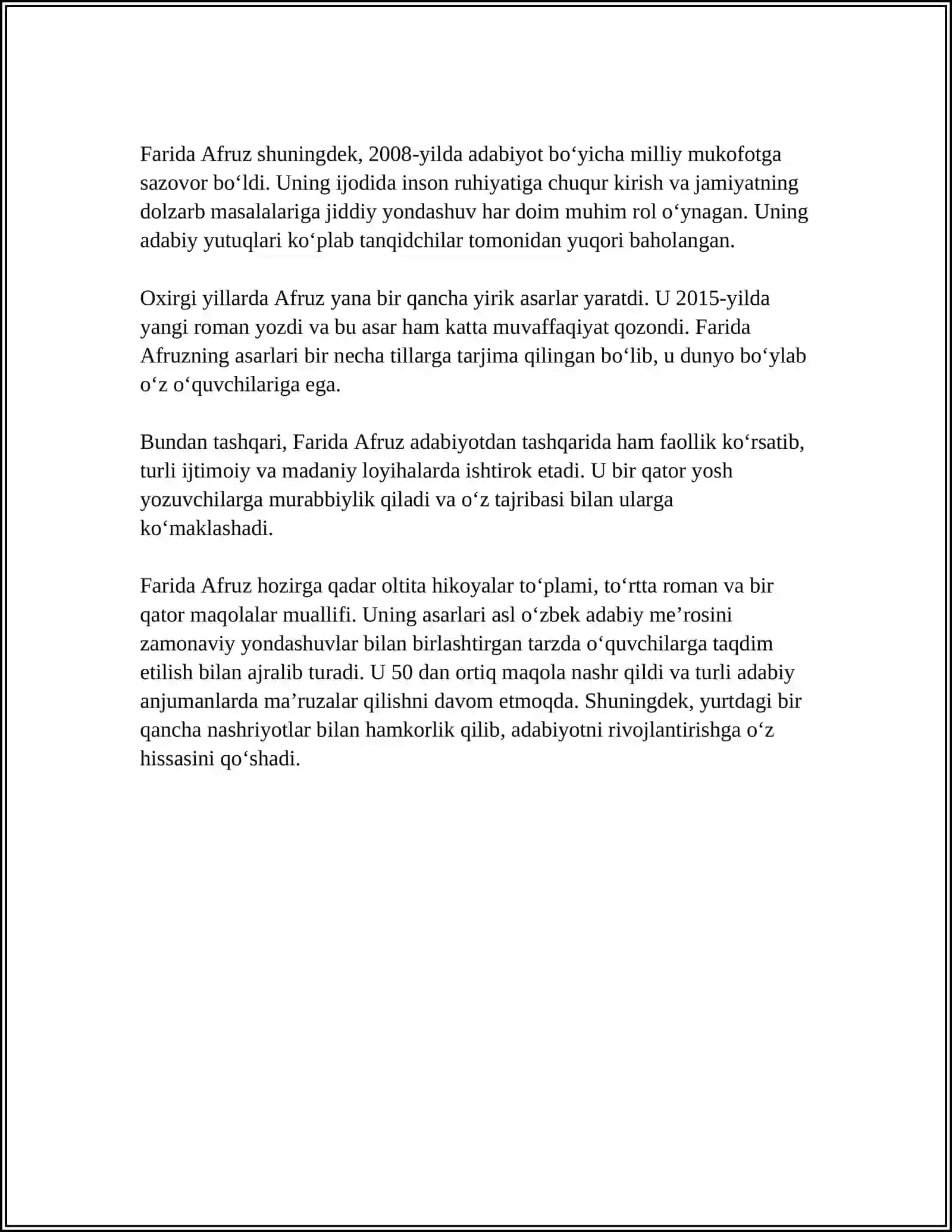FARIDA AFRUZNING HAYOTI VA IJODI. OʻZBEK ADABIYOTSHUNOSLIGIDA SHOIRA FARIDA AFRUZNING TUTGAN OʻRNI. OʻZBEK SHEʼRIYATIDA POETIK TIL MASALASI. FARIDA AFRUZNING SHE'RLARIDA POETIK TIL MASALASI. FARIDA AFRUZ SHE'RIYATI TILI VA USLUBI. FARIDA AFRUZ IJOD ETGAN SHEʼRIY JANRLAR VA ULARNING TALQINI 4