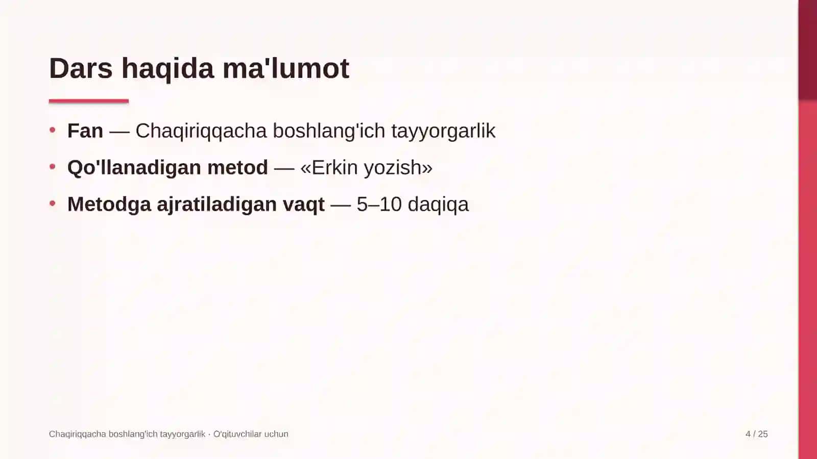 chaqiriqqacha boshlang'ich tayyorgarlik darslarida erkin yozish metodidan foydalanish 7709 4