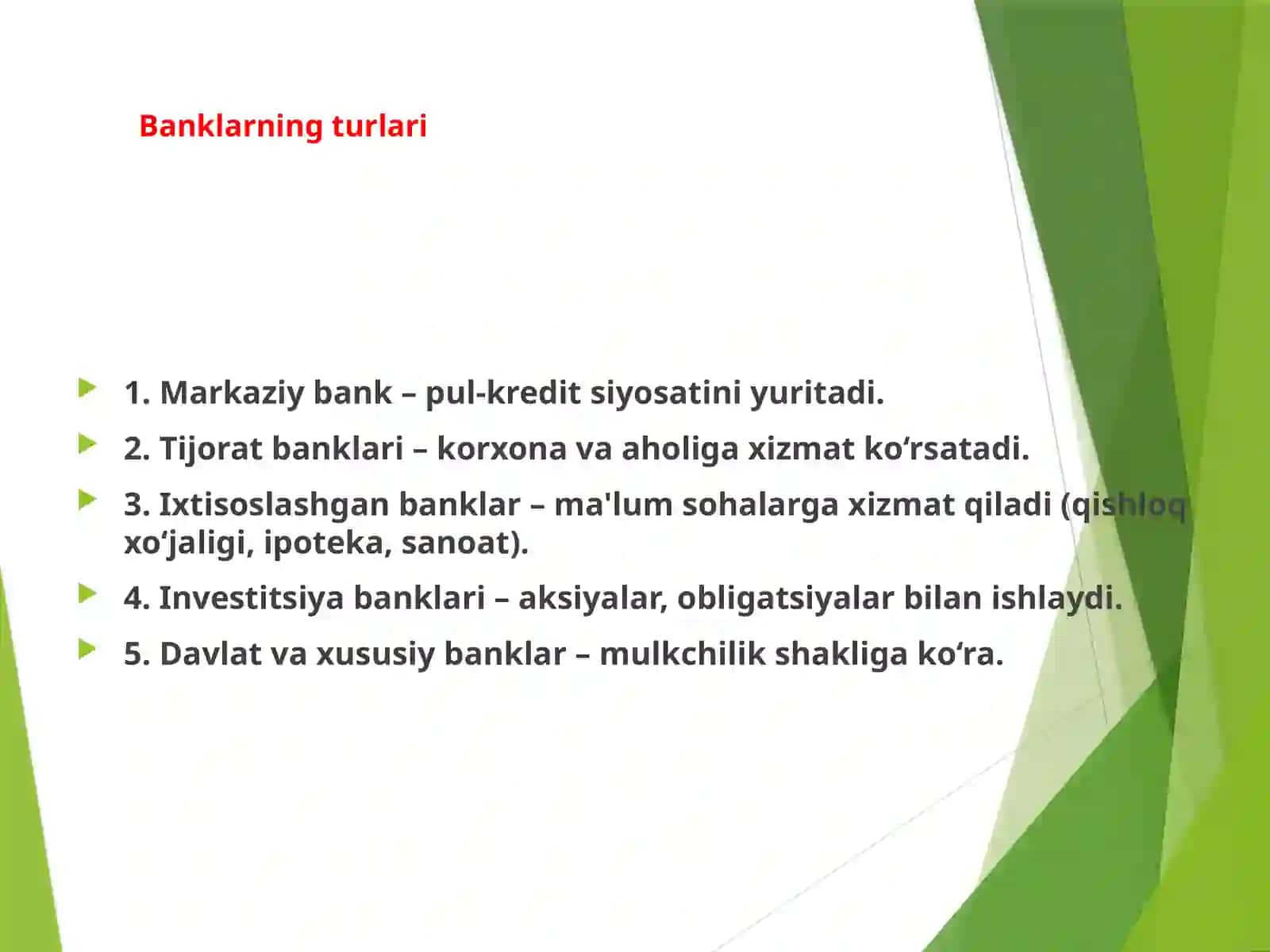 Banklar va ularning asosiy funksiyalari ularning turlari 4