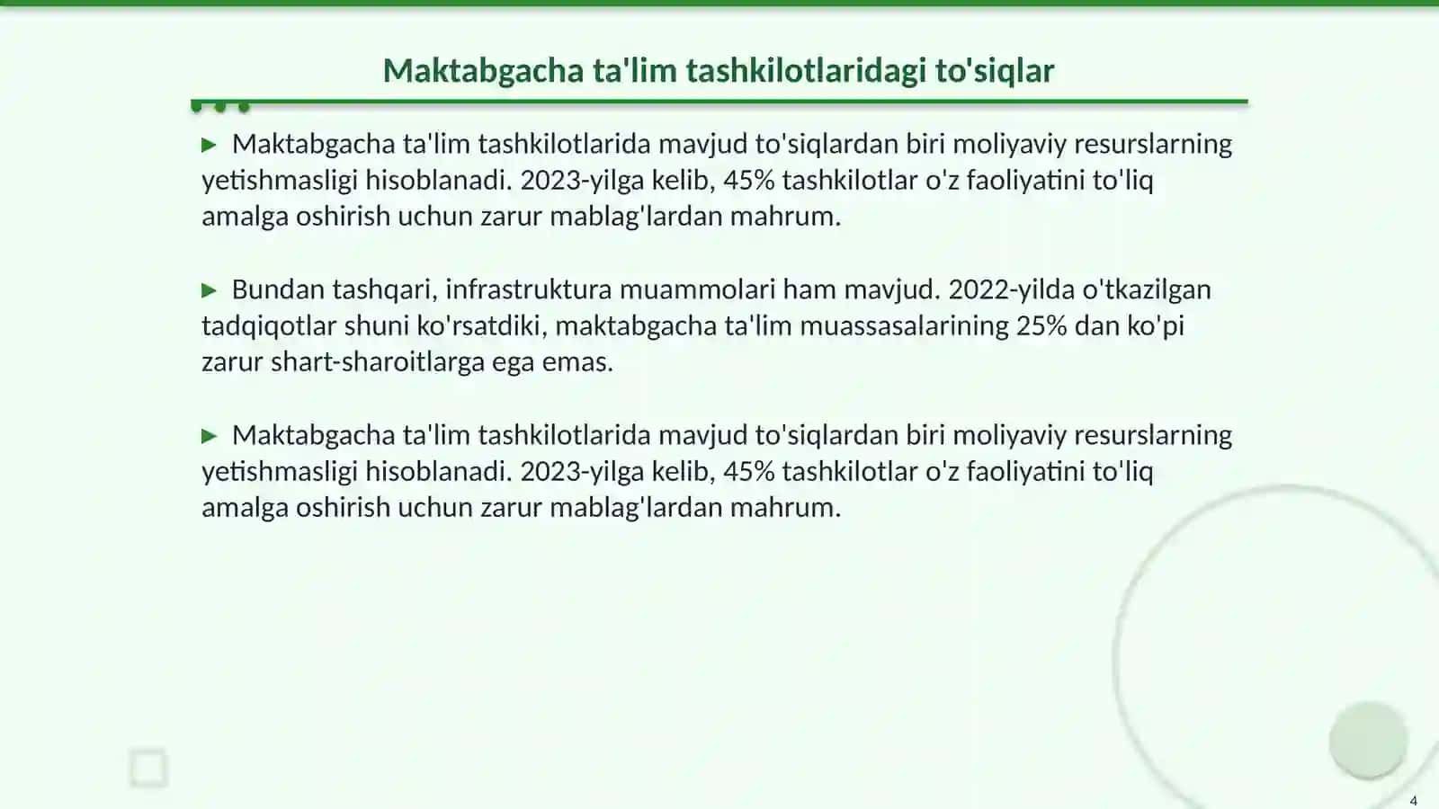 Maktabgacha ta'lim tashkiloti faoliyatida uchraydigan kamchiliklar,toʻsiqlar,qiyinchiliklar va ularni bartaraf etish yoʻllariga oid tavsiyalar tayyorlash 4