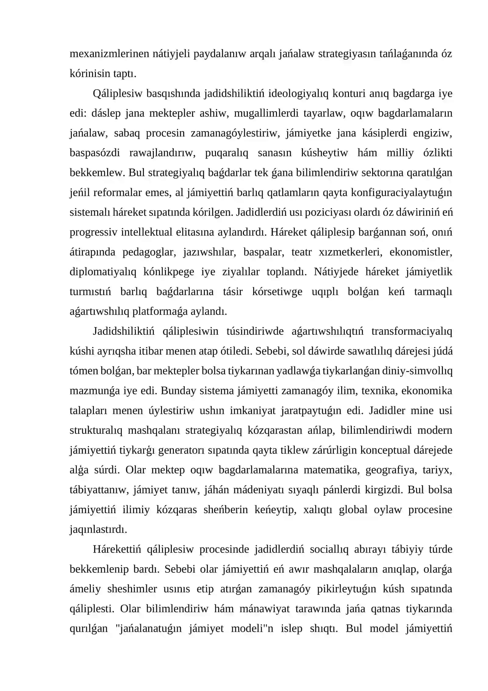 Jadid aǵartıwshılarınıń úlkede sociallıq-ruwxıy turmısında tutqan ornı 4