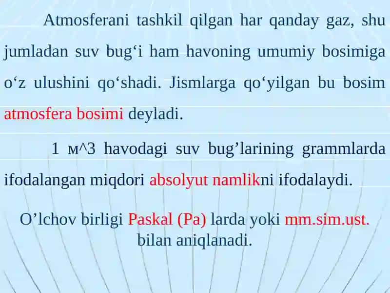 Havoning namligi. Havo namligi ko’rsatkichlarining organizmga ta’siri. Assman psixrometri yordamida 4