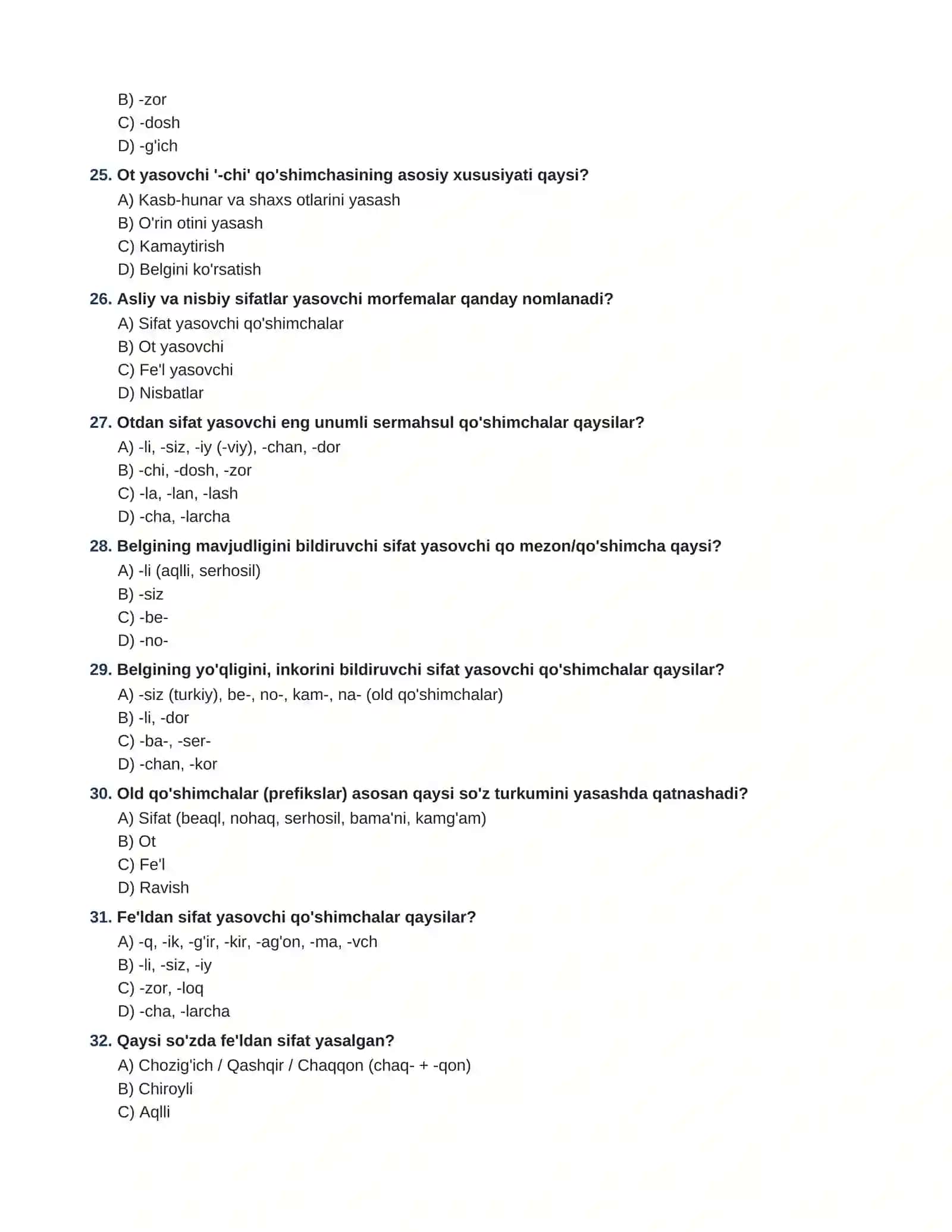 So'z yasovchi qoshimchalar 100 ta test javobi bilan(dtm va maktab darsliklari asosida) 4