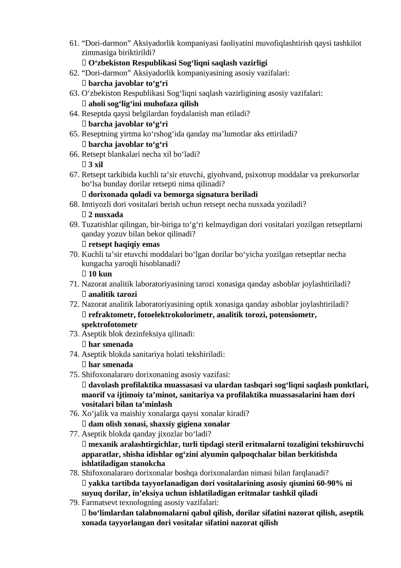 Farmatsiya mutaxassisligi boʻyicha shakllantirilgan test savollari roʻyxati javoblari bilan 4