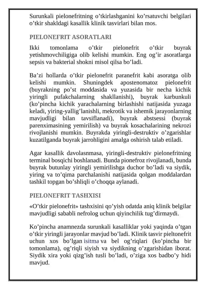 Pielonefrit — O’TKIR VA SURUNKALI TURI, ALOMATLARI, ASORATLARI, TASHXISLASH VA DAVOLASH 4