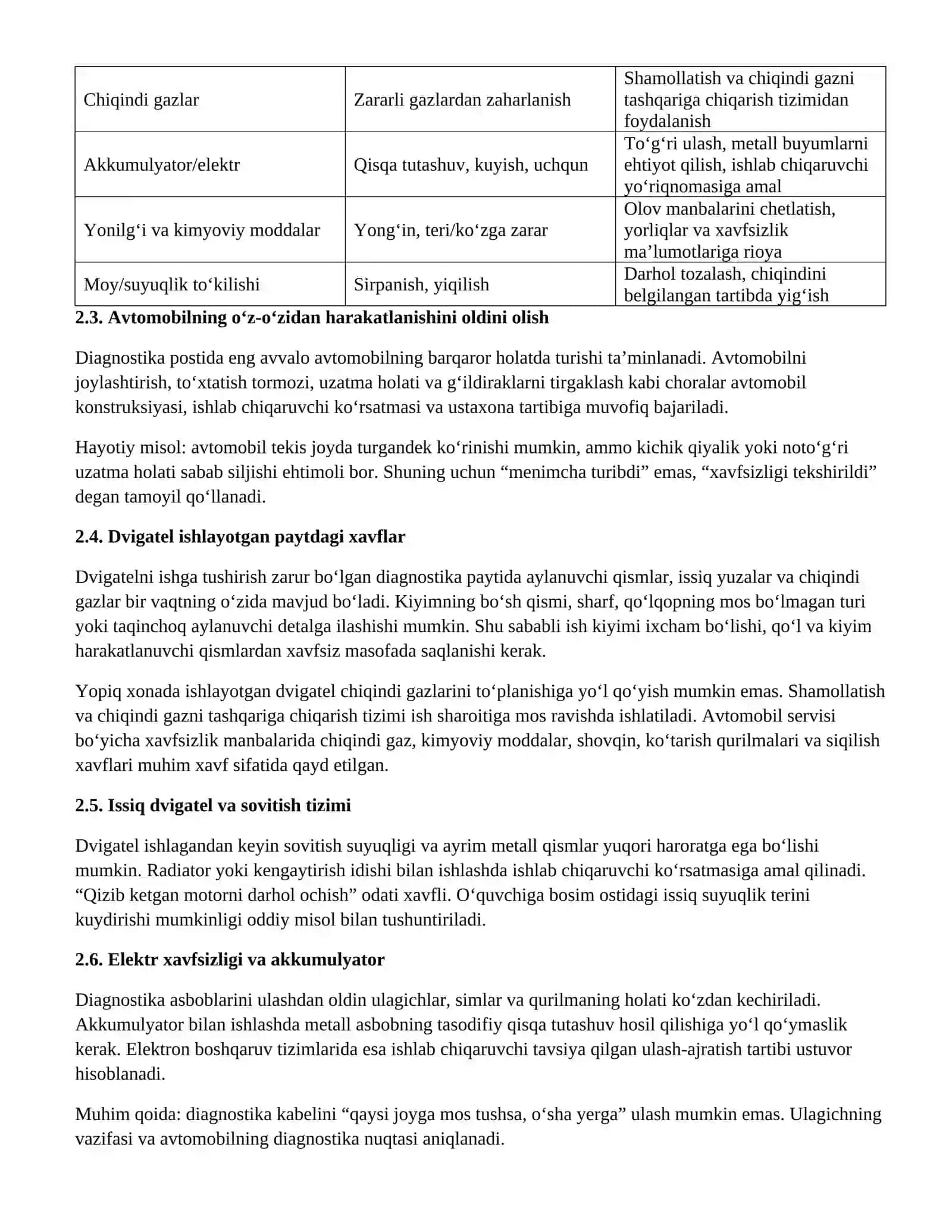 Diagnostika jarayonida texnika xavfsizligi va ish joyini tayyorlash mavzusida dars paketi 4