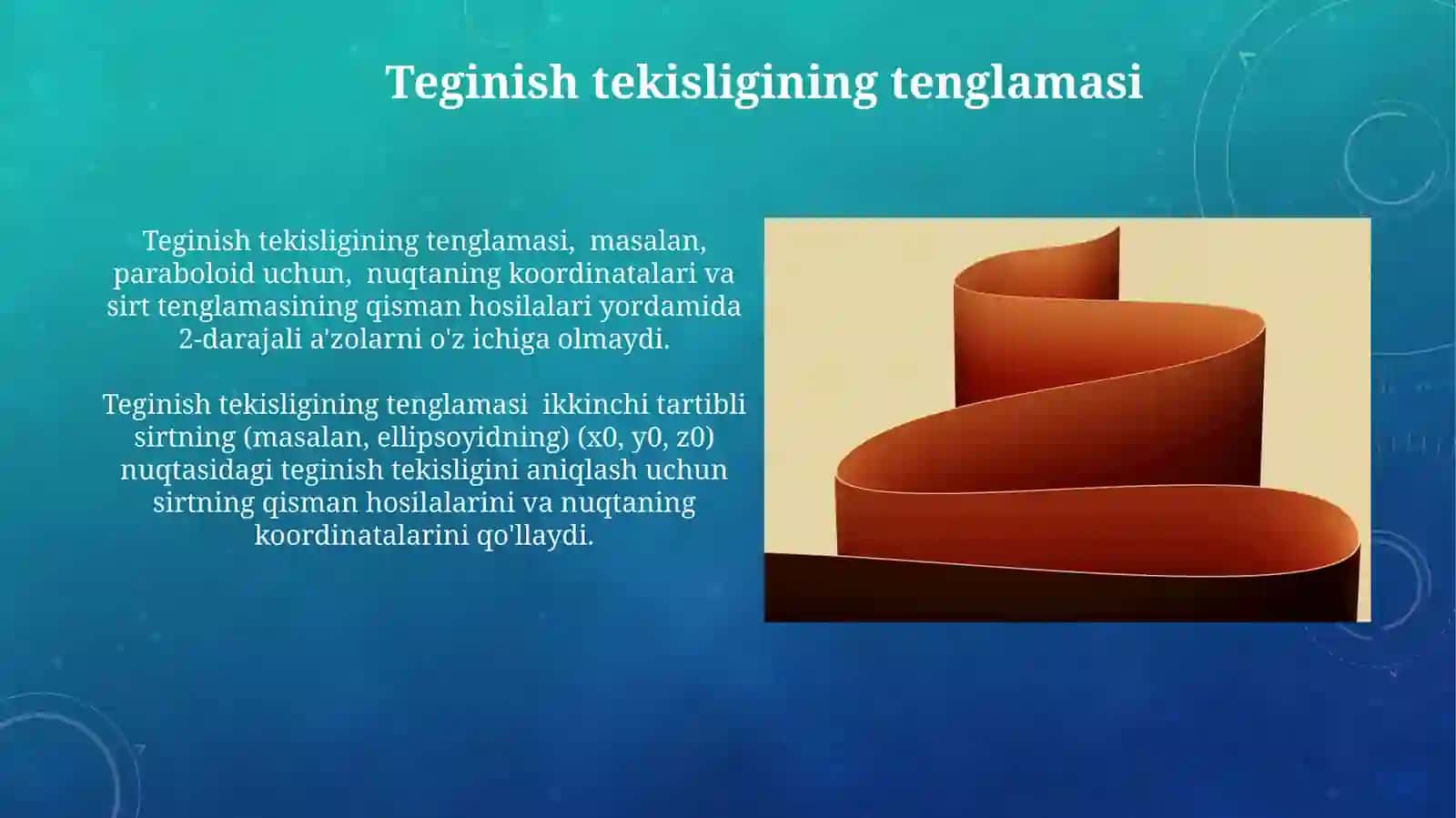 Ikkinchi tartibli sirtlaming urinma tekisligi va dismetrial tekisligi tenglamalari 4