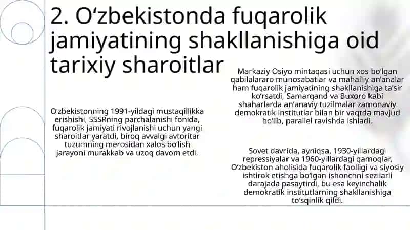OʻZBEKISTONDA DEMOKRATIK, FUQAROLIK JAMIYATI ASOSLARINING SHAKLLANISHI 4