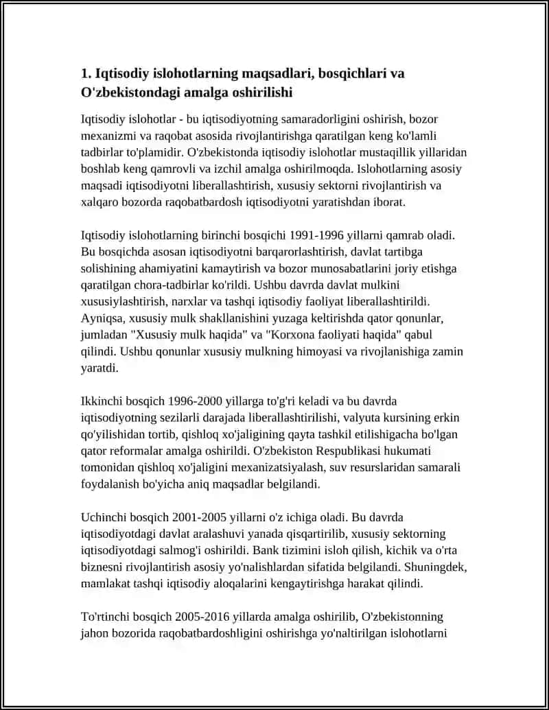 IQTISODIY ISLOHOTLAR,XUSUSIY MULKCHILIKNING SHAKLLANISHI. O'ZBEKISTONDA BOZOR MUNOSABATLARINING RIVOJLANISHI 4