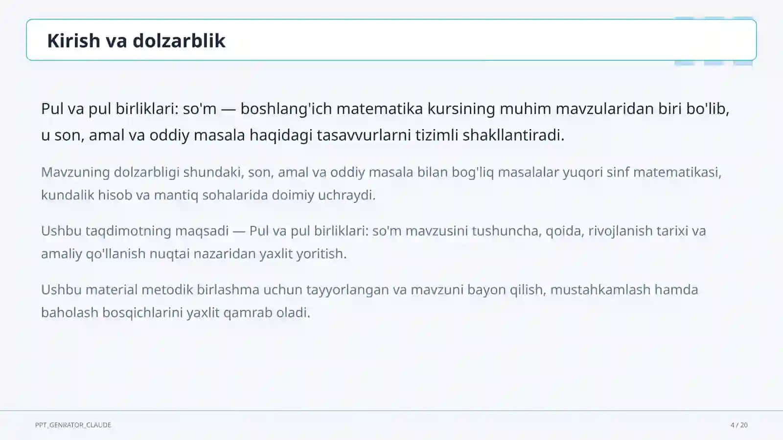 Pul va pul birliklari: so'm (2-sinf) 4