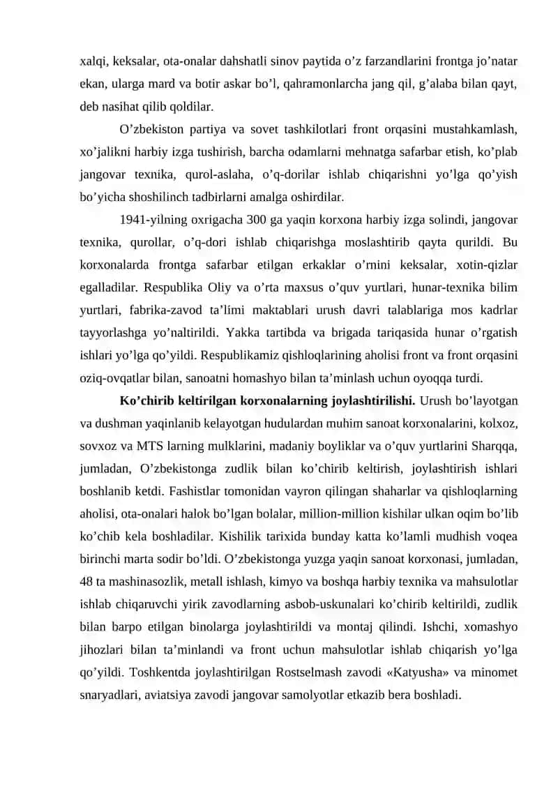 Ikkinchi jahon urushi yillarida o’zbek xalqining fashizm ustidan qozonilgan g’alabaga qo’shgan hissasi 4