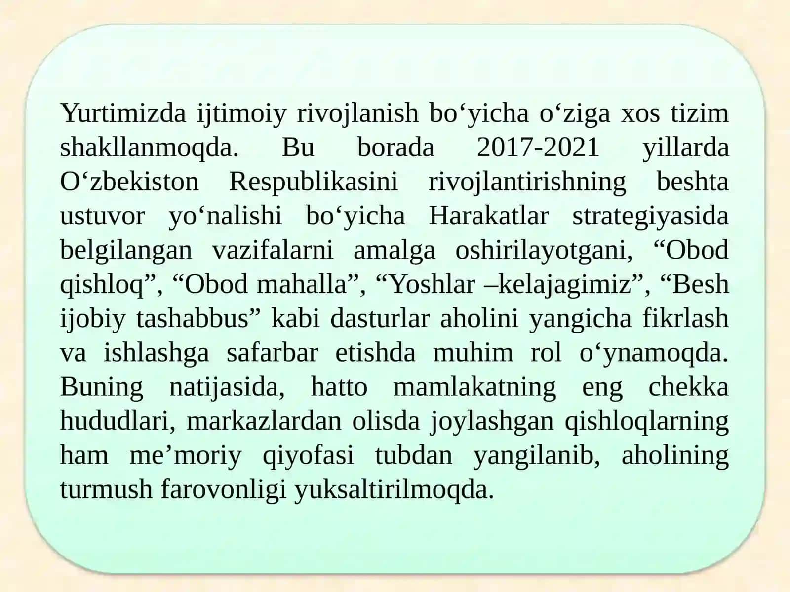 12-mavzu.Yangi O‘zbekiston ijtimoiy-siyosiy, iqtisodiy va madaniyhayotida roʻy berayotgan oʻzgarishlarning xalqaro reyting va indekslarda aksetishi 4