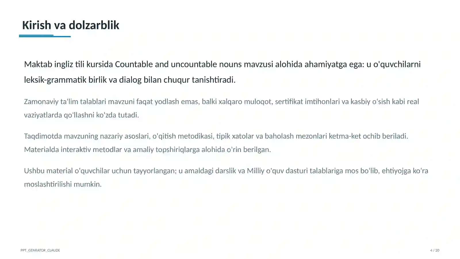 Countable and uncountable nouns (5-sinf) 4