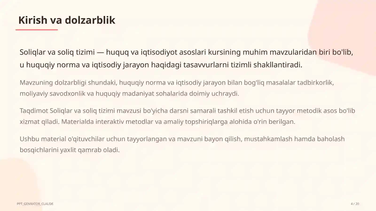 Huquq va iqtisodiyot asoslari (9–11) — o'qituvchilar uchun 4